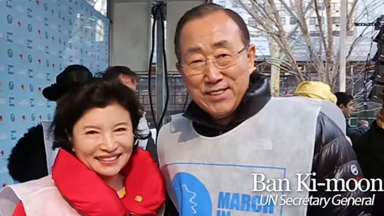 Kim Nam-hee, left, the head of International Women's Peace Group (IWPG) and Ban Ki-moon, the U.N. Secretary-General from the video. Photo: Screen capture from Youtube