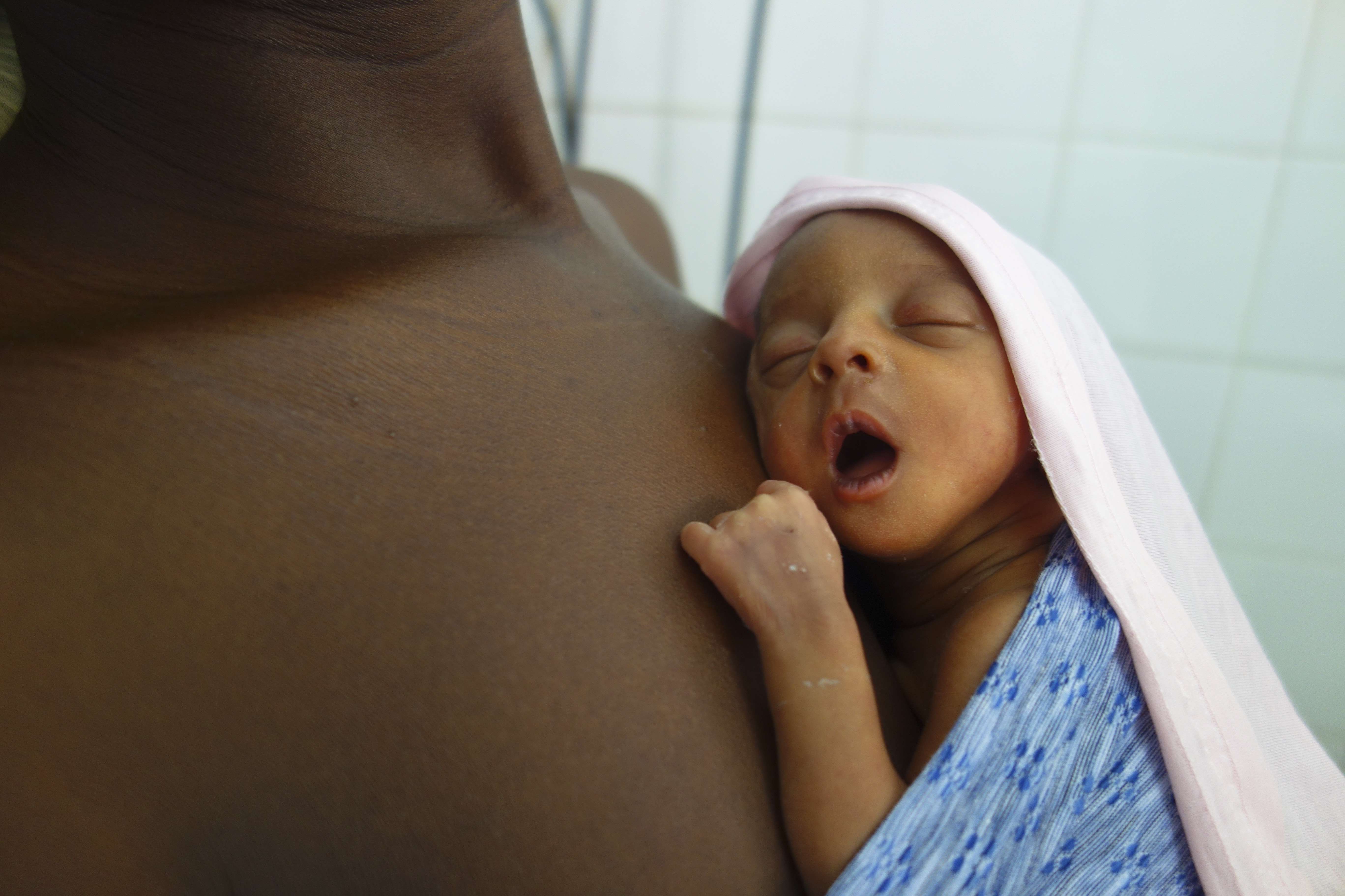 A premature infant receiving kangaroo care in a hospital in Mali, in sub-Saharan Africa.
