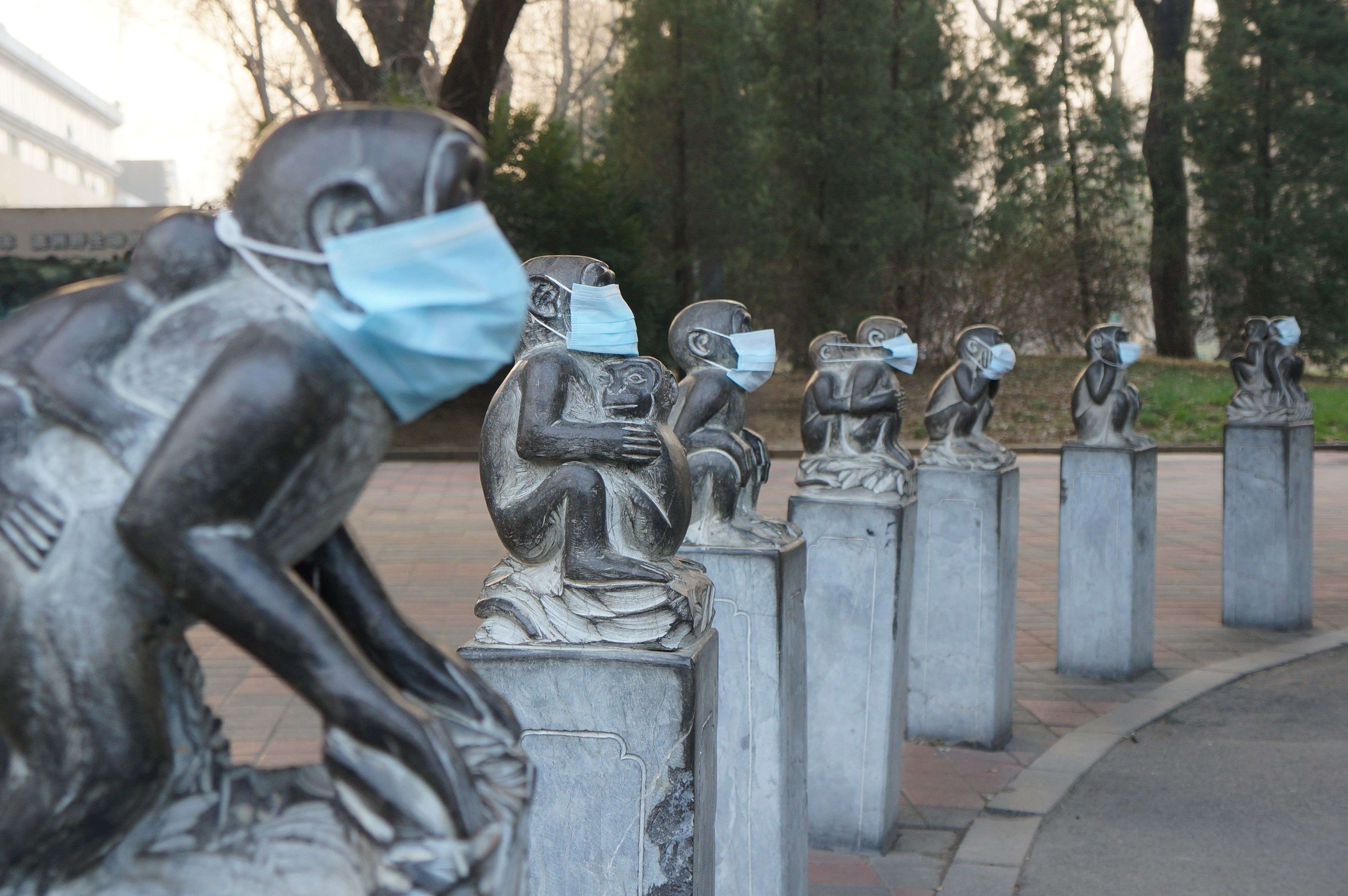 Face masks on stone monkey statues in protest at the current heavy air pollution in Beijing. The capital issued its highest “red” fog alert for a second day running on Wednesday. Photo: AFP