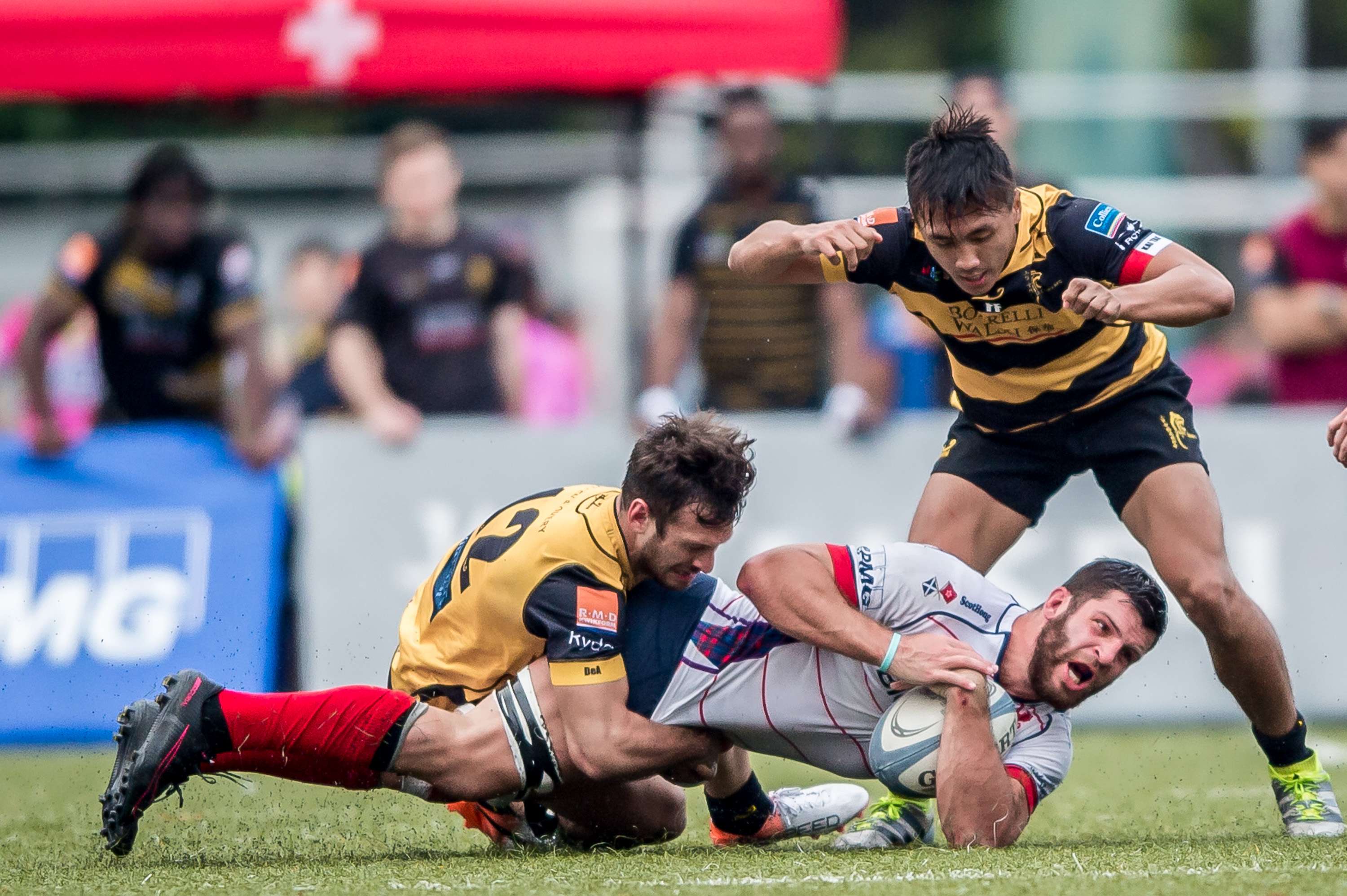HK Scottish captain Kane Boucaut is brought to ground as his side come from 14 points down to defeat Tigers in the Hong Kong Premiership on Saturday. Photos: HKRU