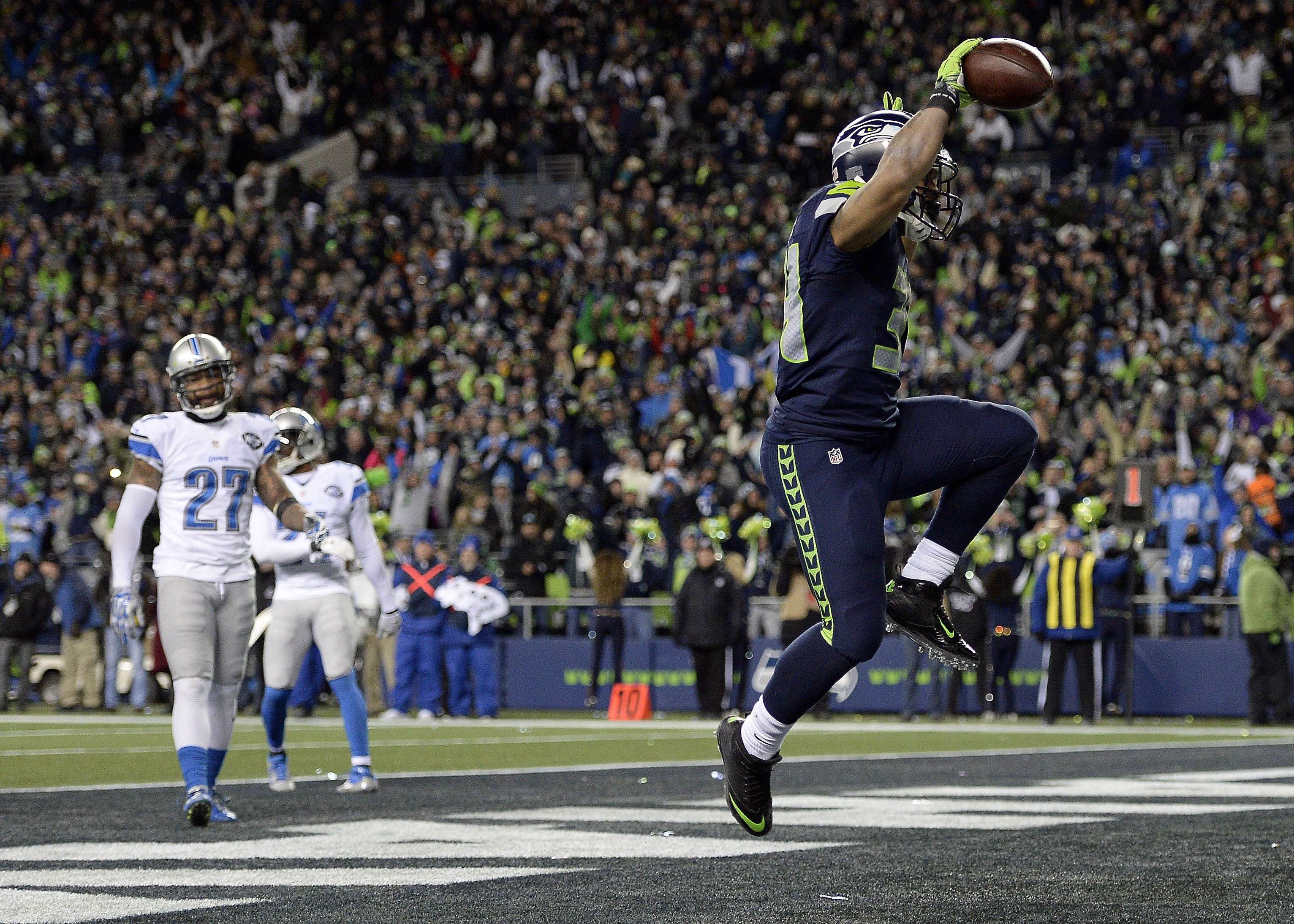 Seattle Seahawks running back Thomas Rawls runs the ball in for a touchdown during their wildcard round win over the Detroit Lions. Photo: USA Today
