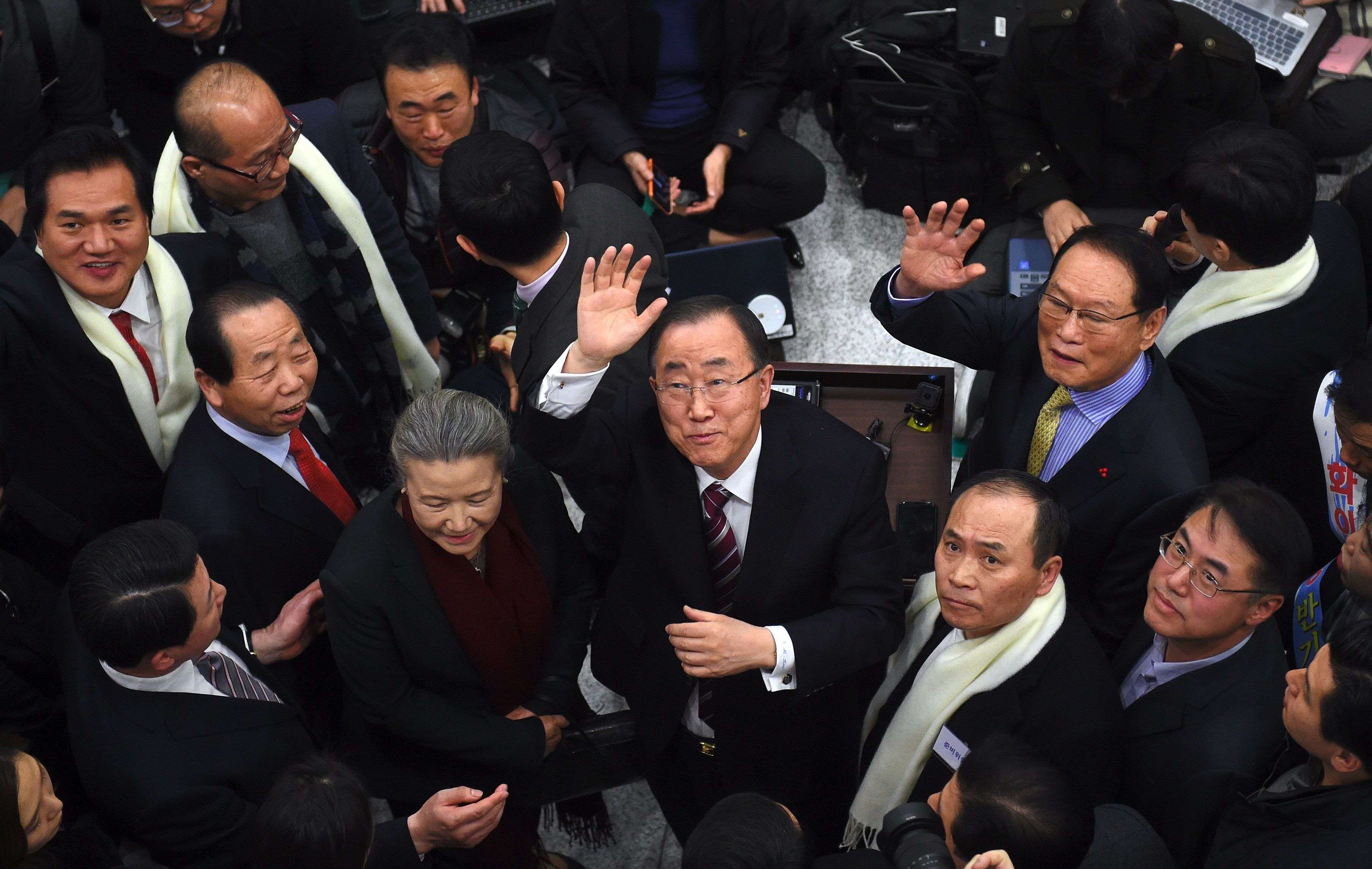 Former UN secretary general Ban Ki-moon waves as he arrives at the Incheon International Airport. Photo: AFP