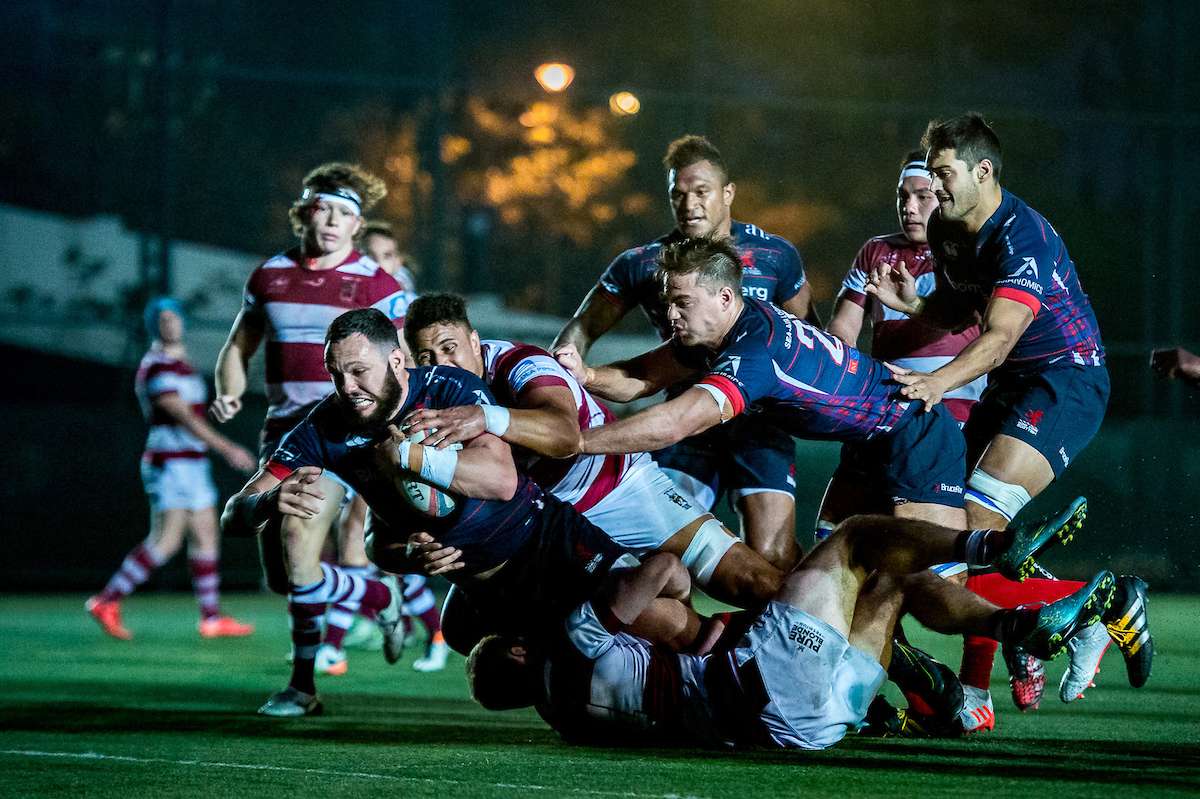 Conor Hartley drives towards the try line for HK Scottish against Kowloon in the Hong Kong Premiership. Photos: HKRU