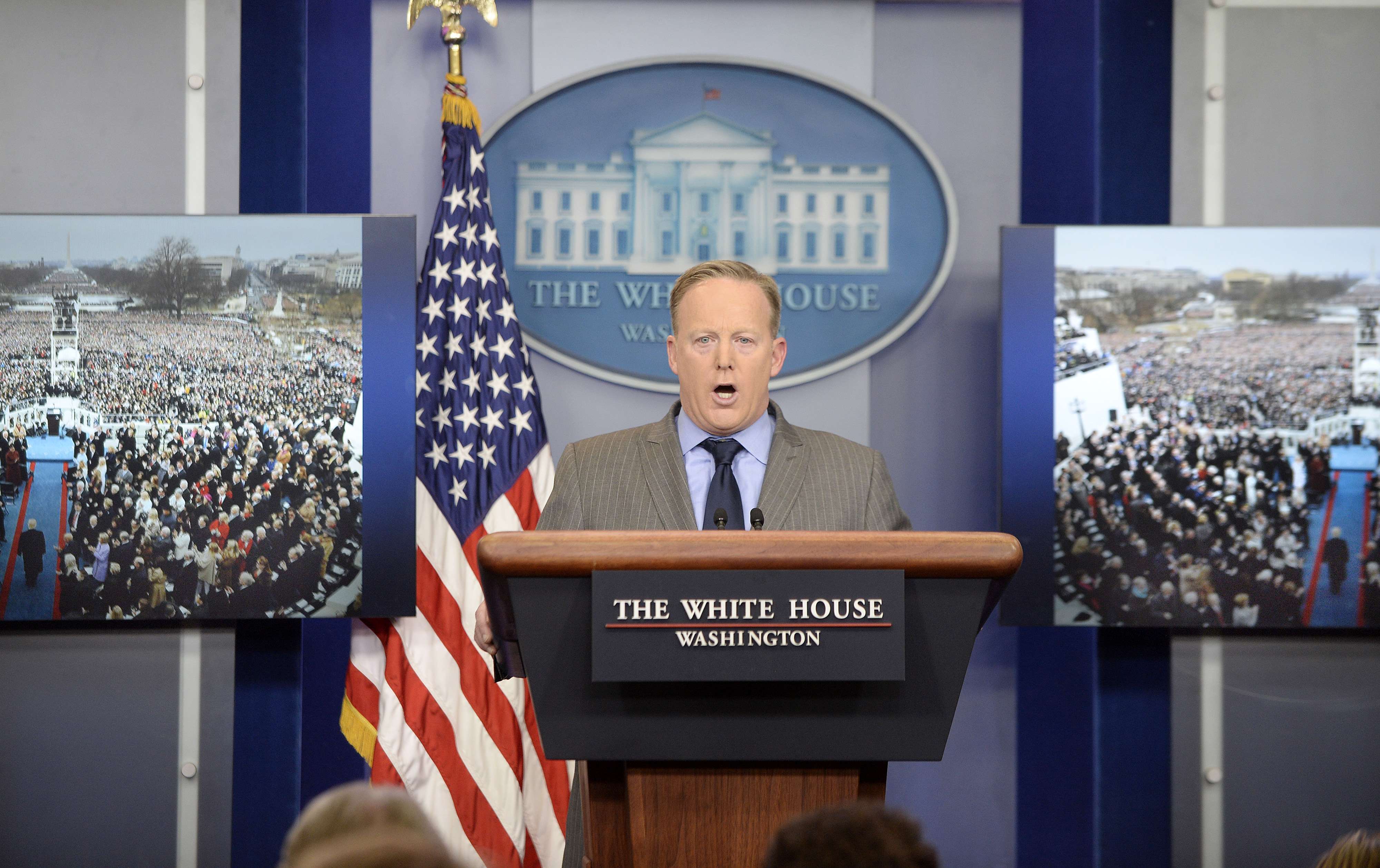 White House press secretary Sean Spicer speaks in the media briefing room in Washington, D.C. Photo: TNS
