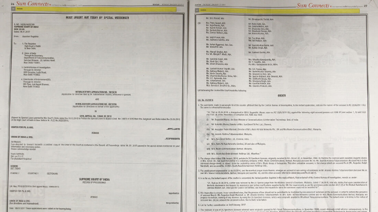 A copy of the Jan 6 Indian court order, carried over two pages in The Sun newspaper. Photo by Sam Fong/The Edge