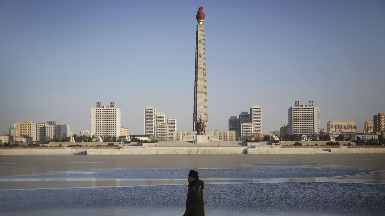 The Taedong River and Juche Tower in Pyongyang, North Korea. Photo: AP