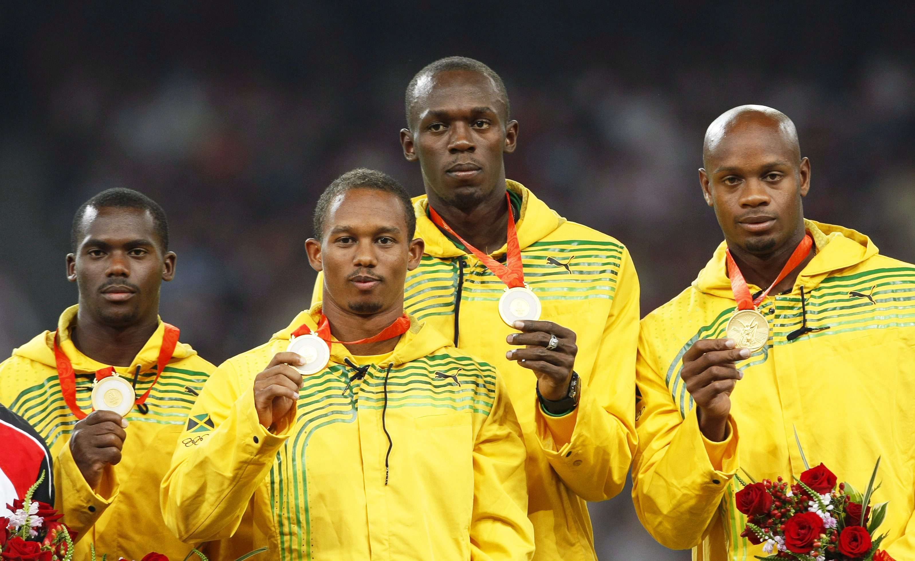 Nesta Carter (left), Michael Frater, Usain Bolt, and Asafa Powell in 2008. Photo: EPA