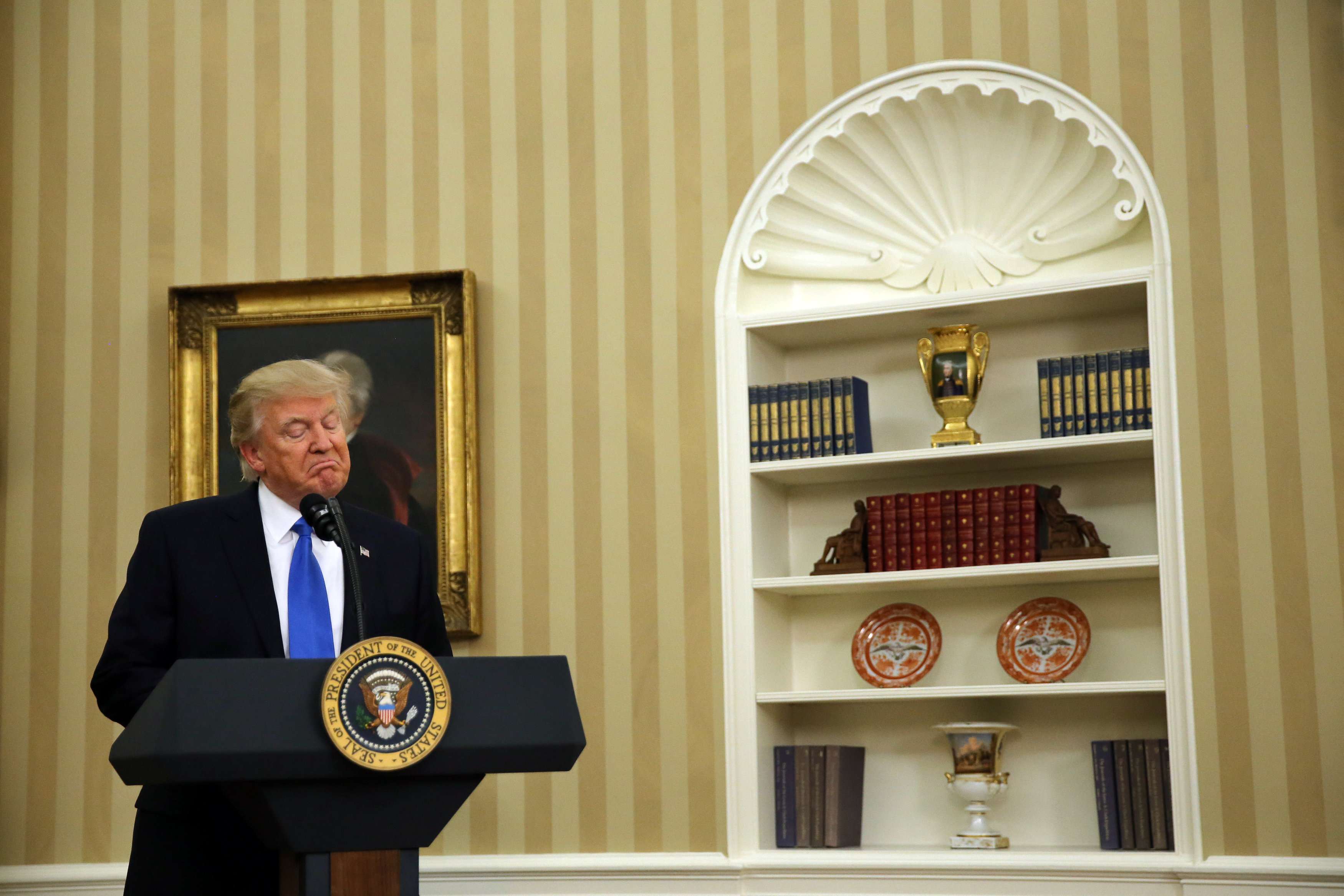 US President Donald Trump speaks during the swearing-in ceremony on Wednesday for the new US Secretary of State Rex Tillerson (not pictured), at the Oval Office of the White House. The world still looks up to America. But, like it or not, the empire of our times is a changed nation. Photo: Reuters