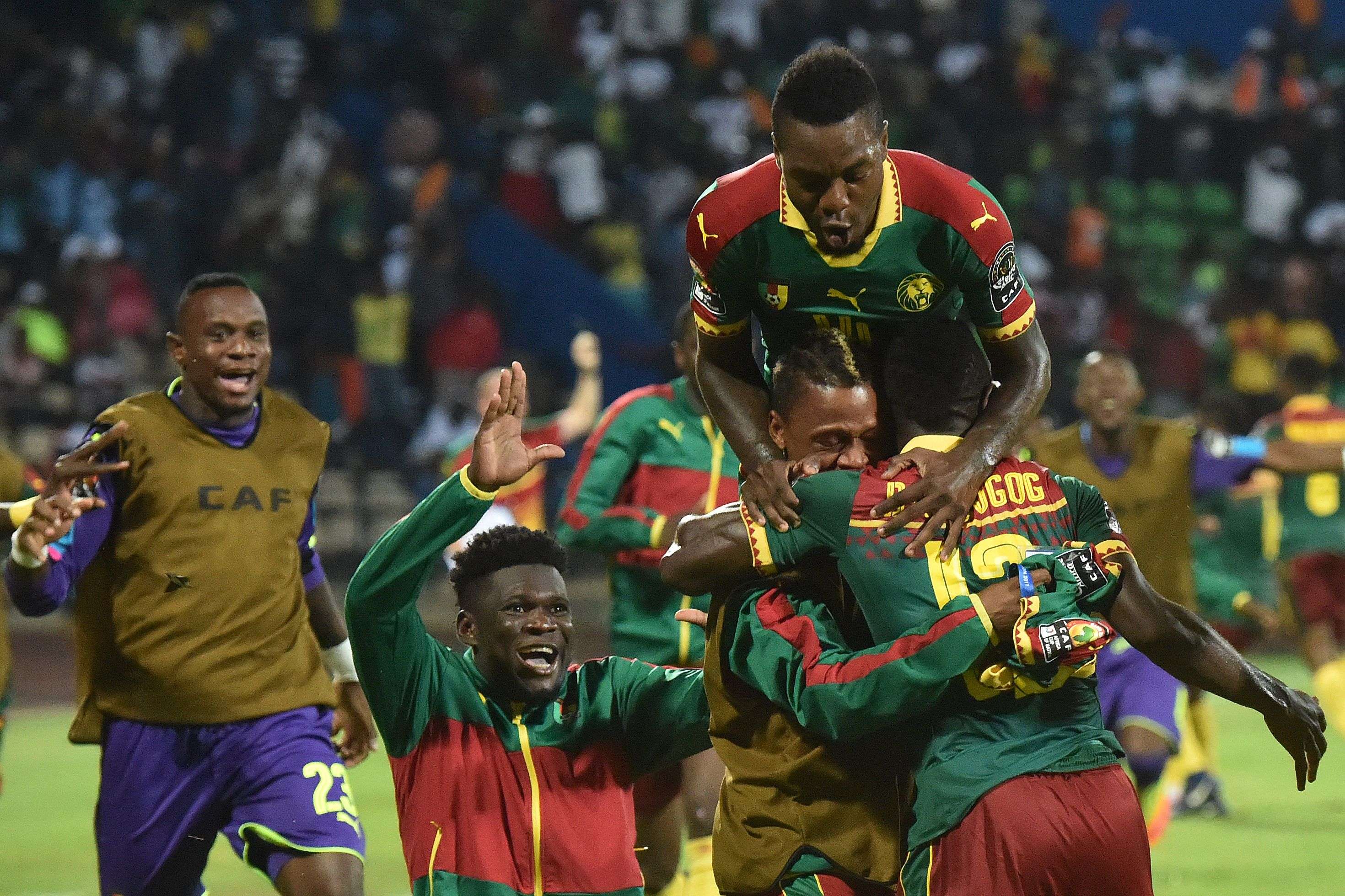 Cameroon players celebrate their second goal during the 2017 Africa Cup of Nations semi-final match against Ghana. Photo: AFP