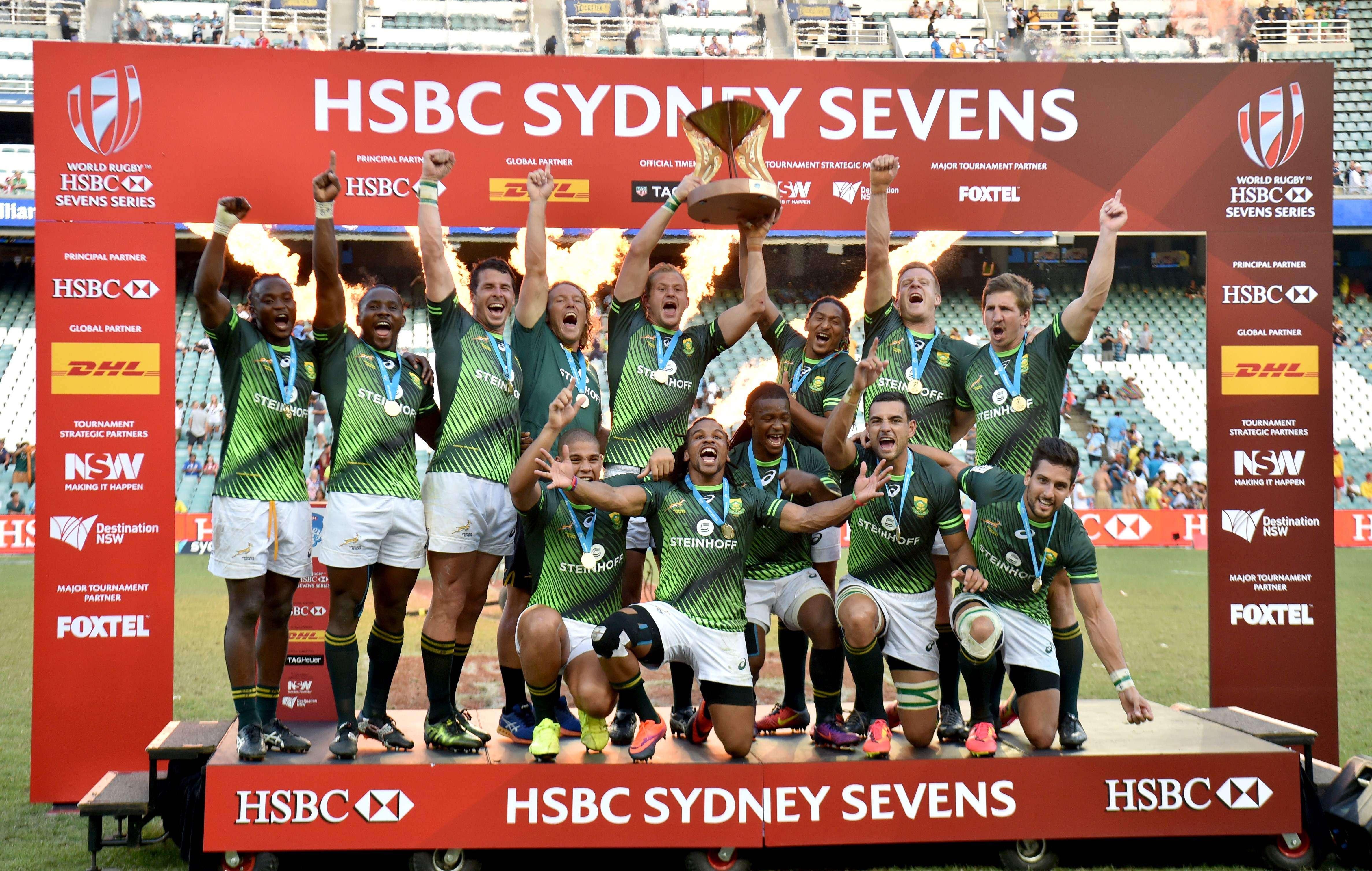 South Africa celebrate after beating England in the cup final in Sydney. Photo: AFP