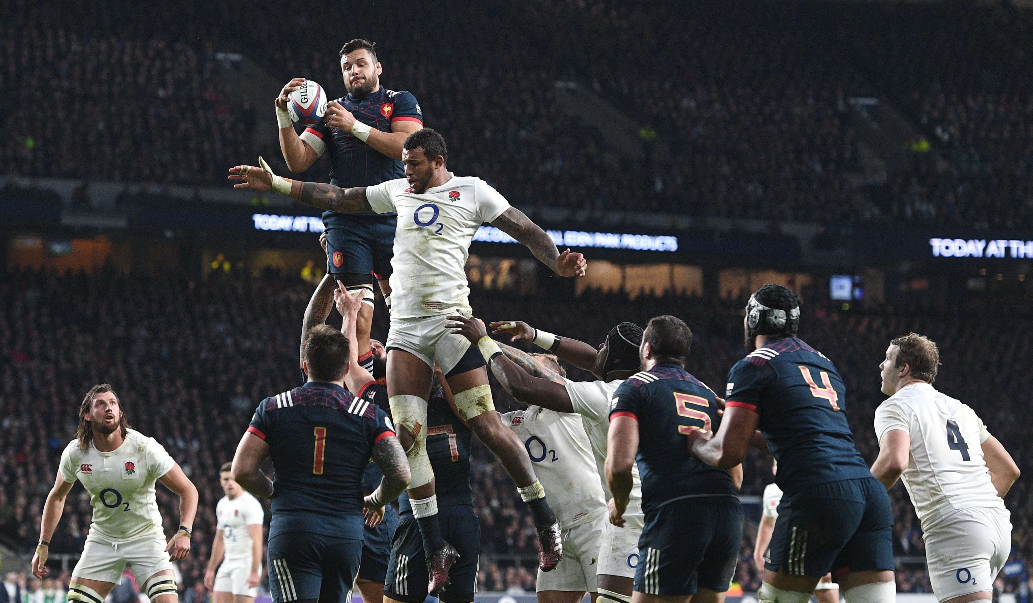 England’s Courtney Lawes jumps in the line out during the Six Nations win over France at Twickenham. Photo: EPA