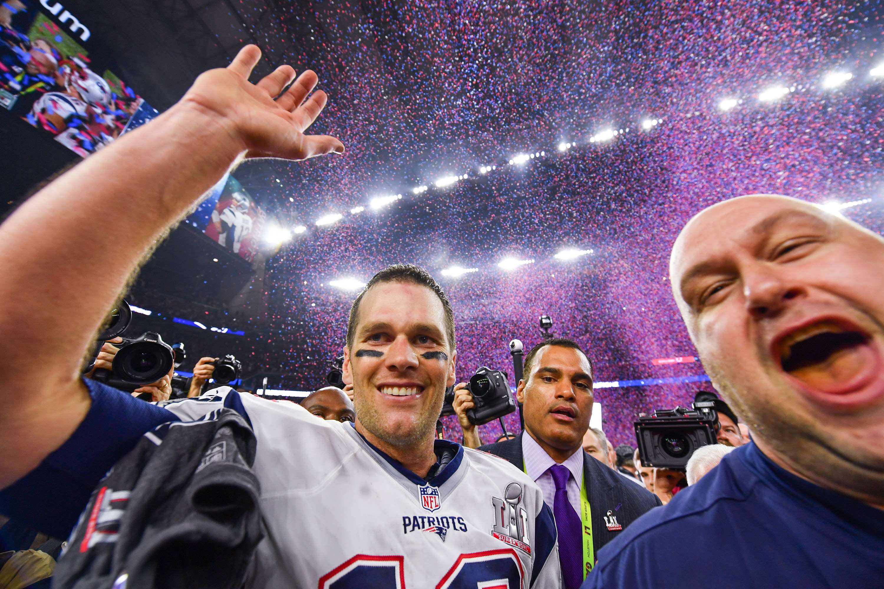 New England Patriots quarterback Tom Brady celebrates during the post-game ceremony for Super Bowl LI. Photo: TNS
