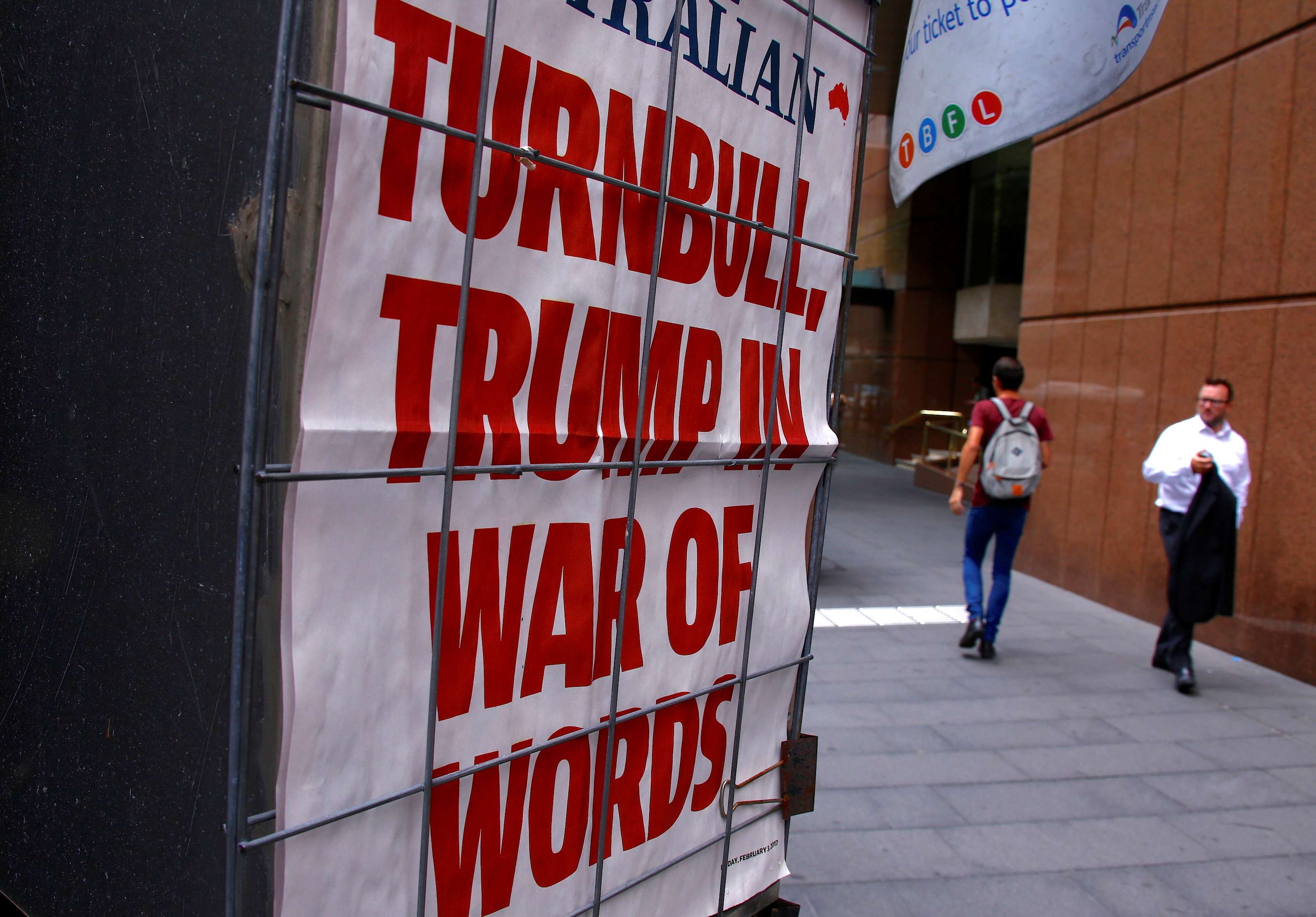 A newspaper headline highlights the phone conversation between US President Donald Trump and Australian Prime Minister Malcolm Turnbull, in central Sydney on February 3. Photo: Reuters