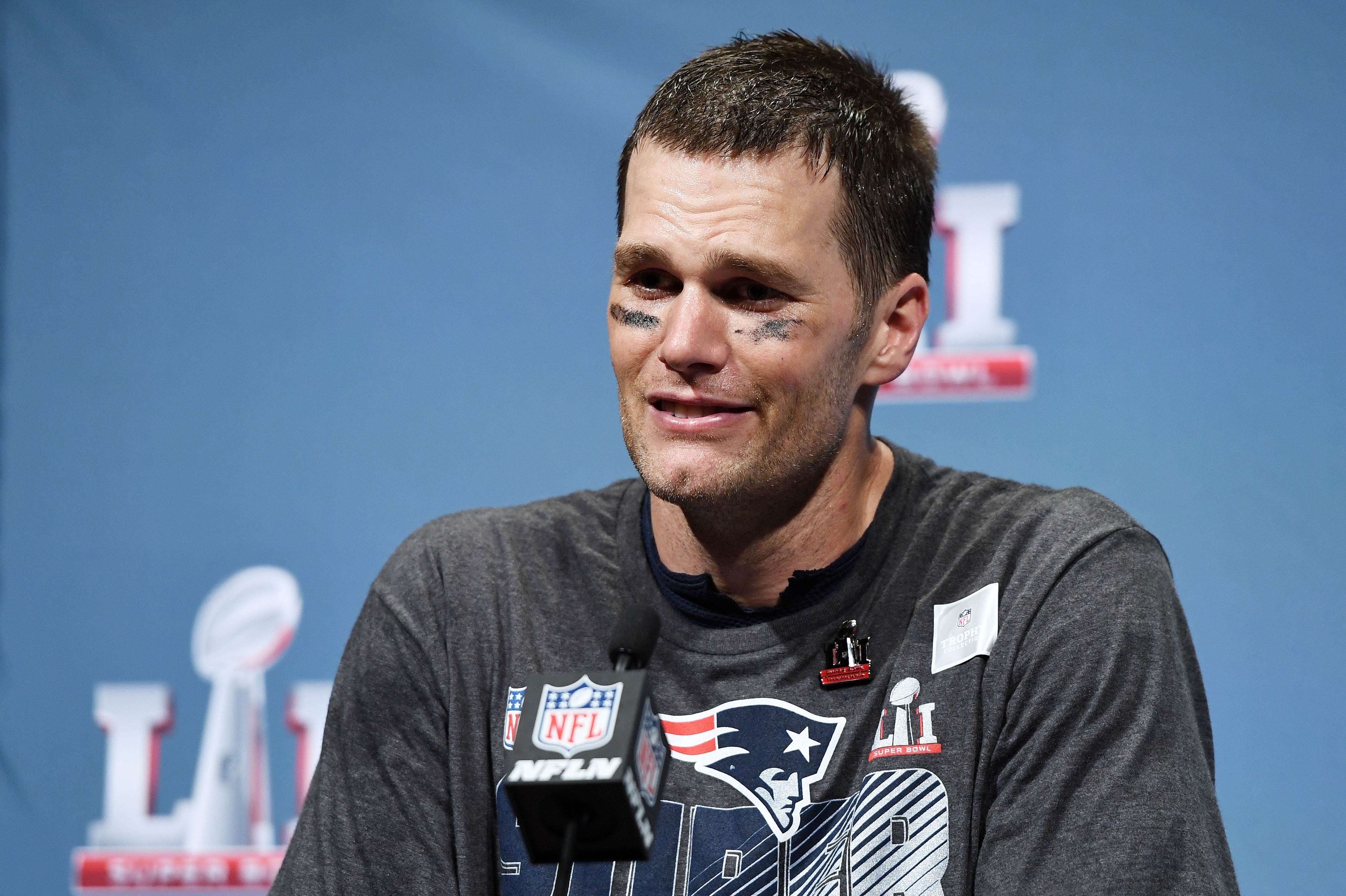 Tom Brady speaks to the media after the Patriots’ Super Bowl victory. Photo: AFP