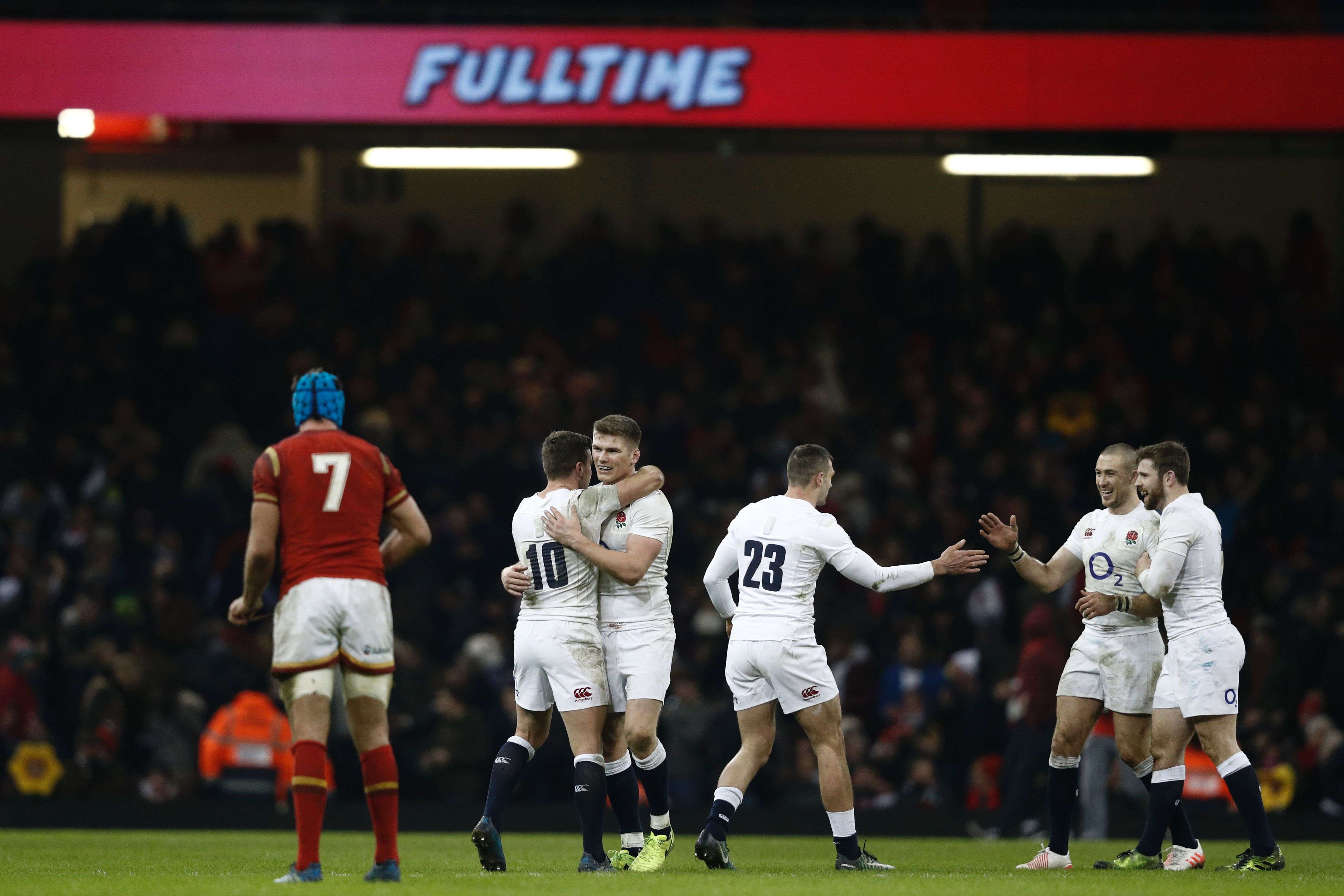 England players celebrate their win at the end of the Six Nations match against Wales in Cardiff. Photo: AFP