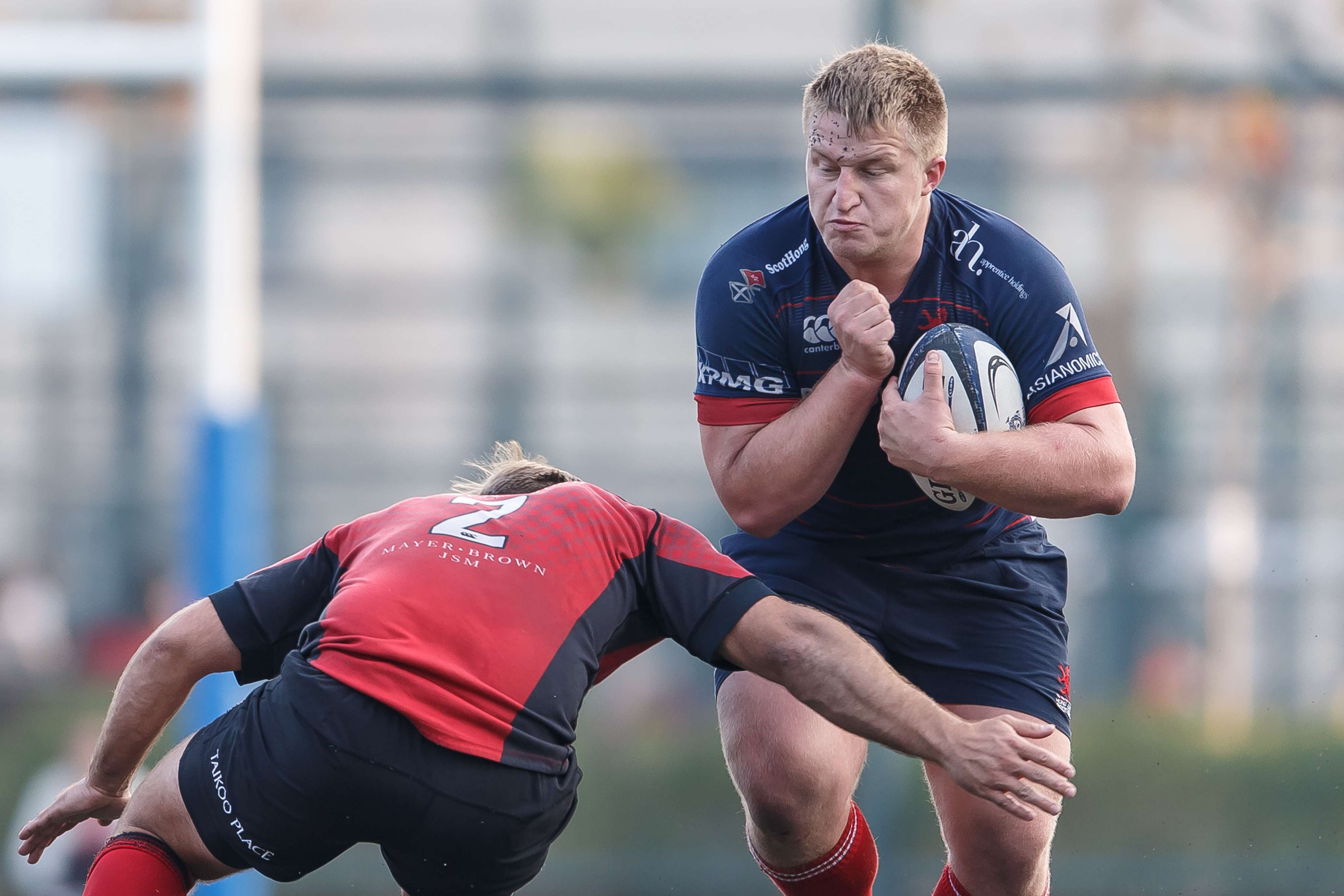 HK Scottish prop Jack Parfitt braces for contact against Valley in the Hong Kong Premiership on Saturday. Photo: HKRU