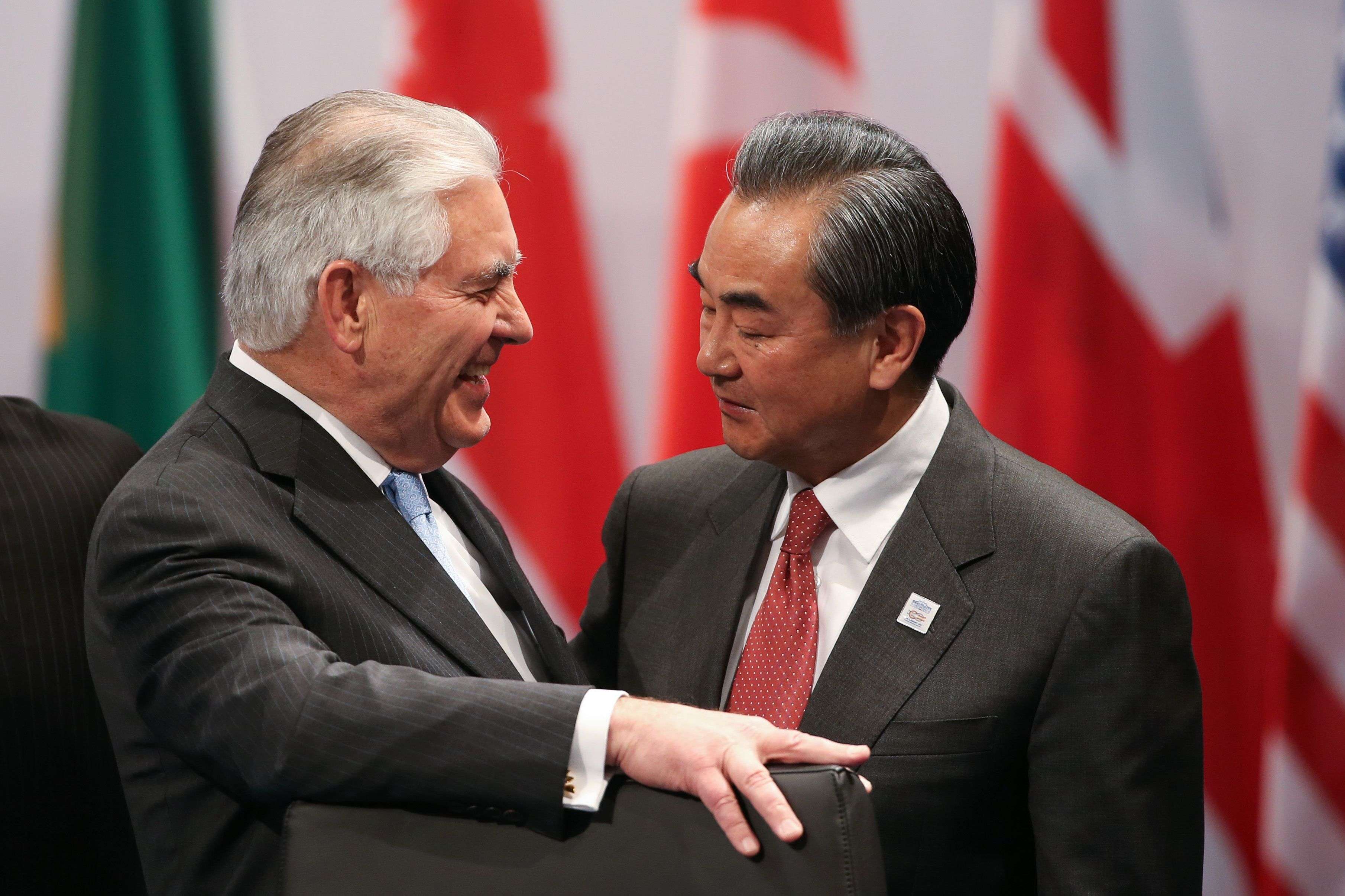 US Secretary of State Rex Tillerson with Foreign Minister Wang Yi at the G20 foreign ministers meeting in Bonn. Photo: AFP