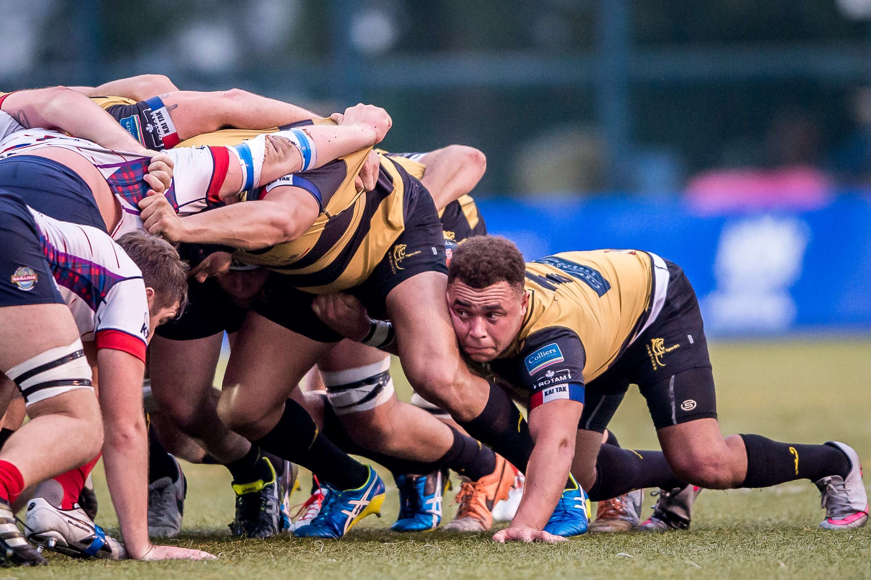 Alex Woodburn engages in a scrum for Tigers in the Hong Kong Premiership this season. Photos: HKRU
