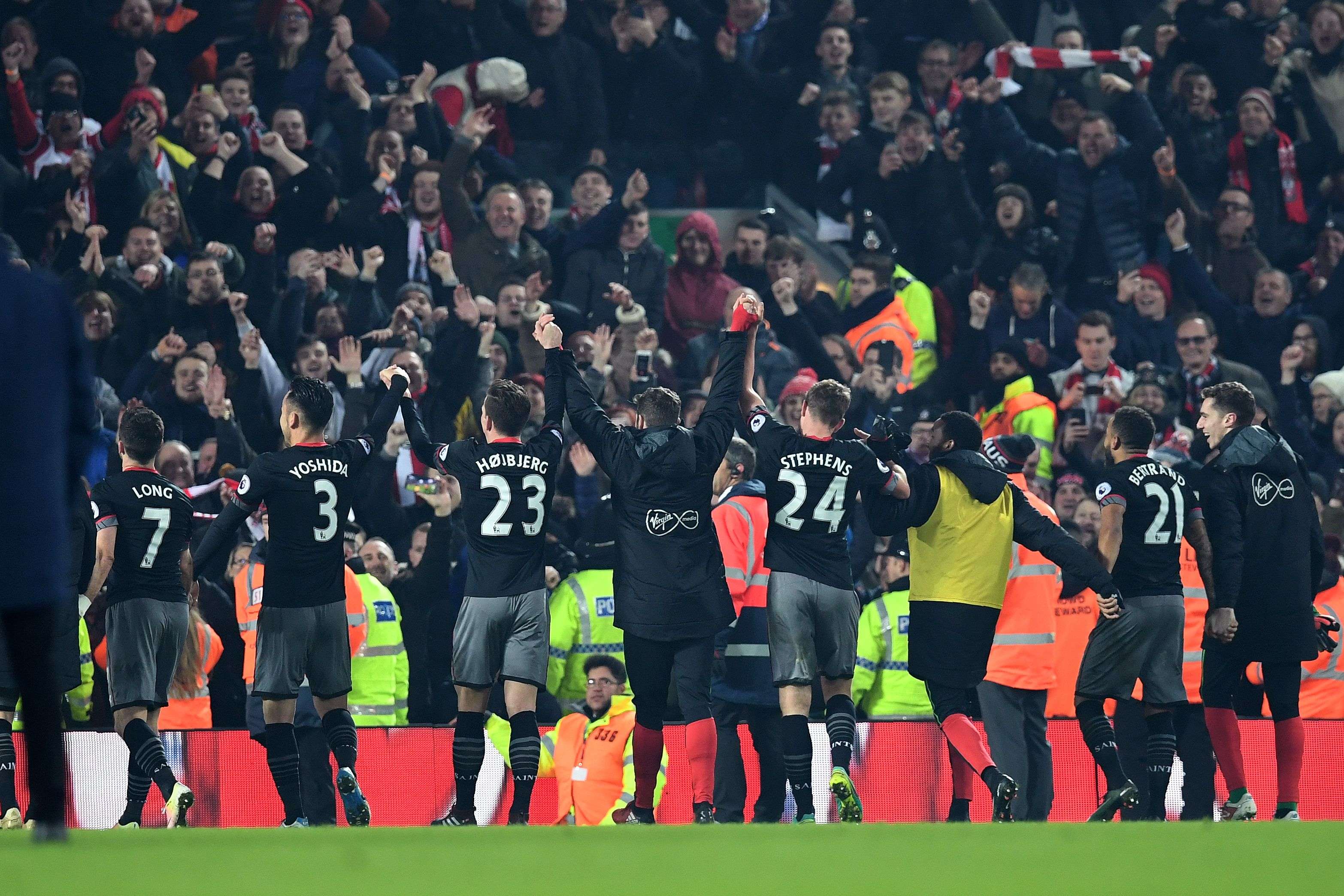 Southampton players applaud their fans after their League Cup semi-final victory over Liverpool. Photo: AFP