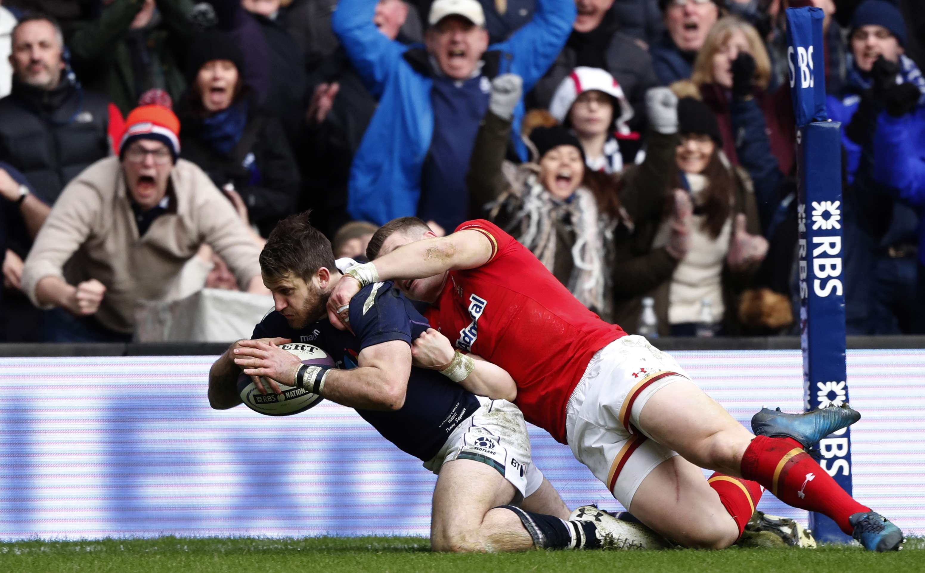 Scotland’s Tommy Seymour scores his team’s first try in their Six Nations encounter against Wales at Murrayfield, Edinburgh. Photo Reuters