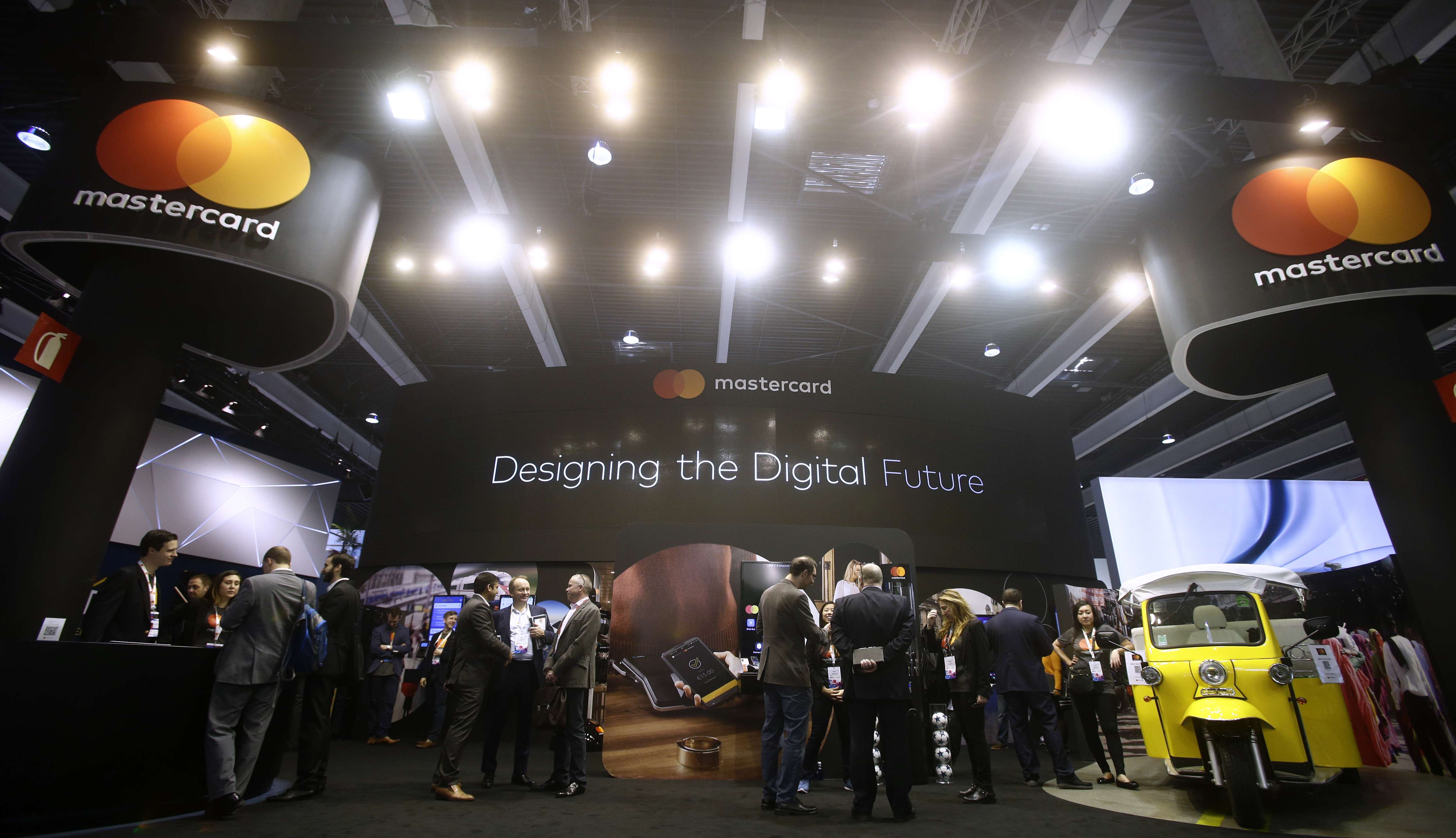 The future of digital payments on display in the Mastercard stand at the Mobile World Congress in Barcelona on Monday. Photo: AP