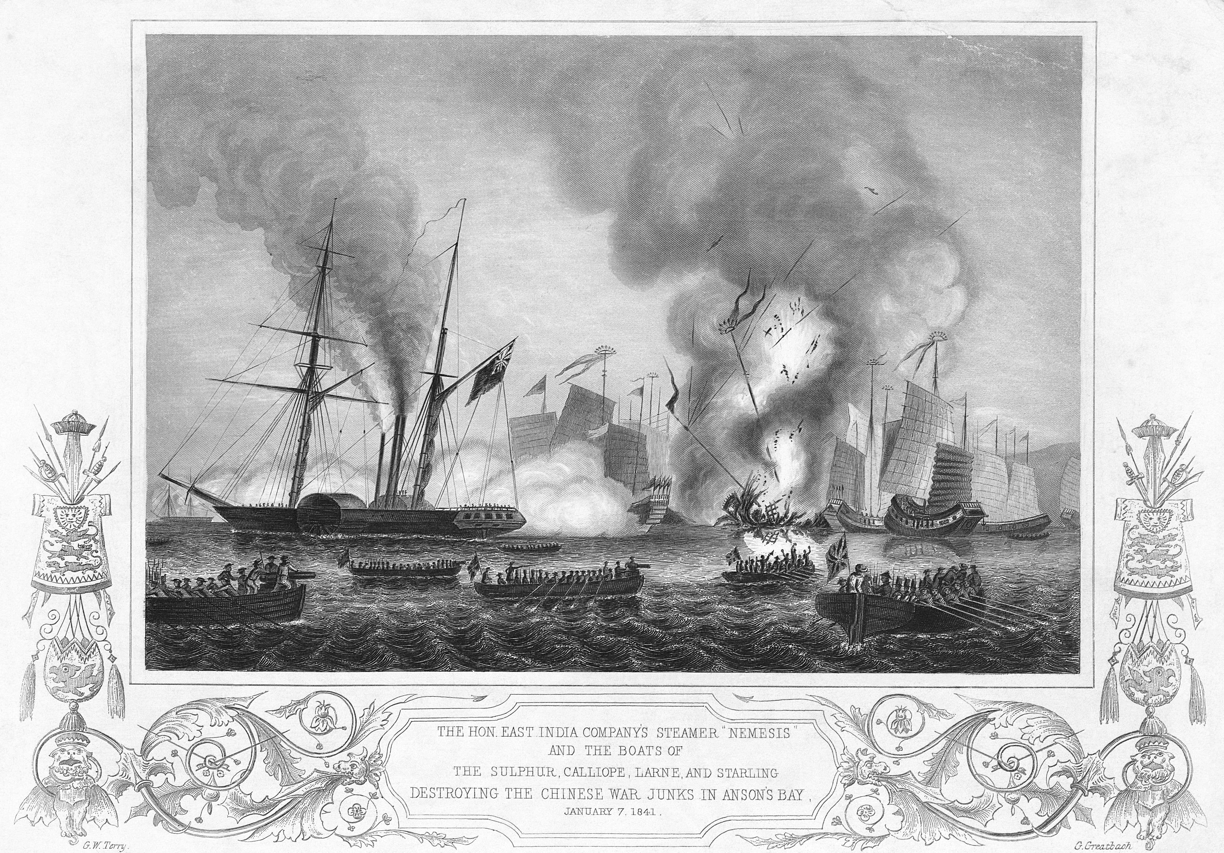 The East India Company’s steamship Nemesis is depicted launching an attack with rowboats during the Opium Wars. Image: Handout