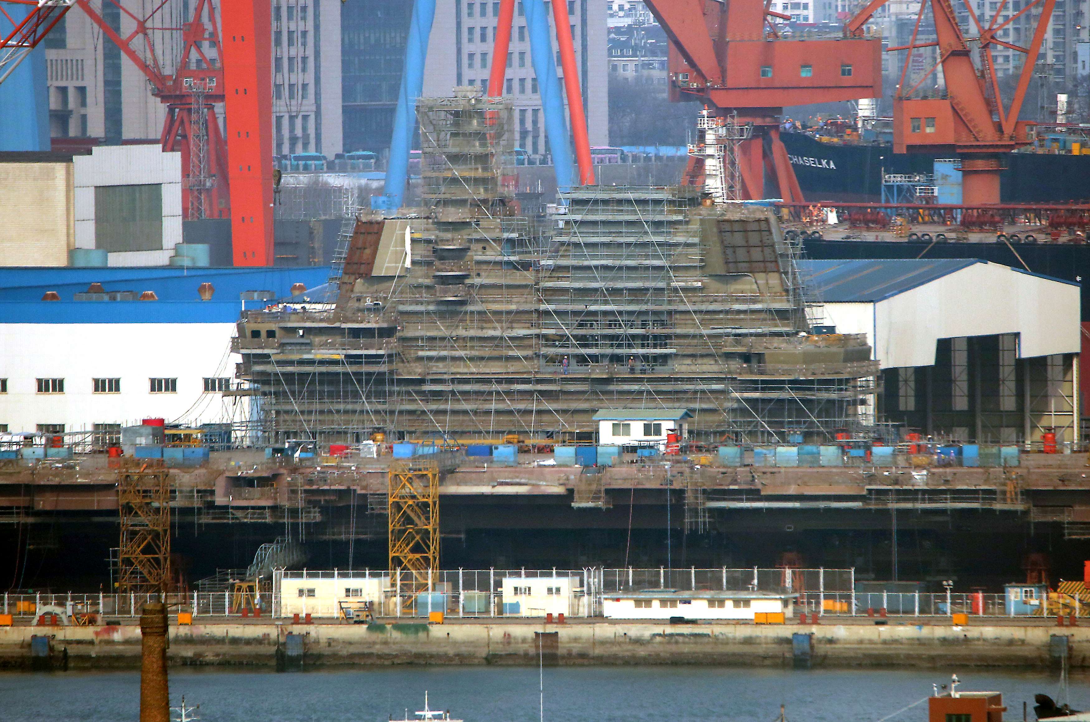 China's second aircraft carrier, temporarily called the 001A, under construction in Dalian, Liaoning province. Photo: ChinaFotoPress