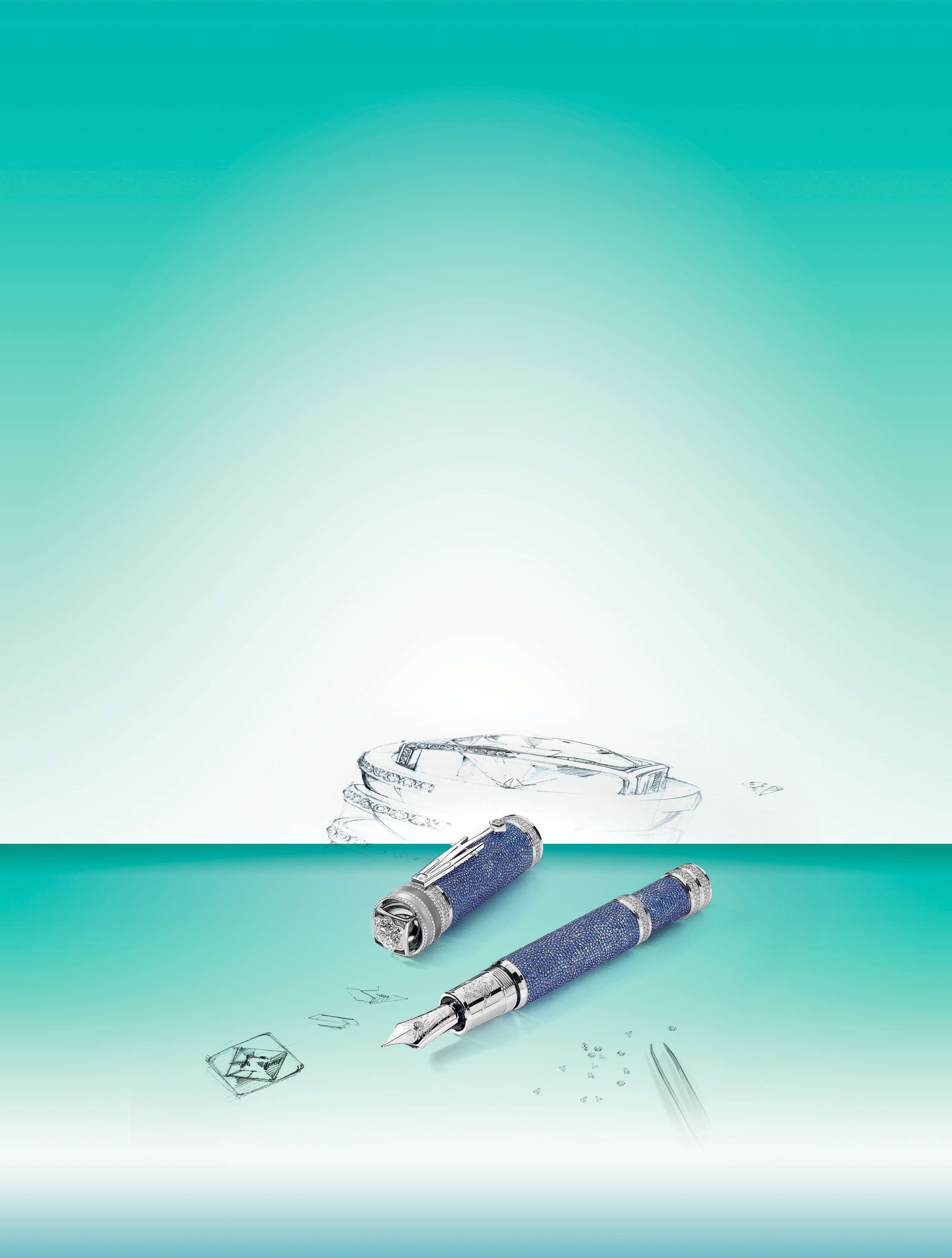 The cap and barrel of the pen are covered in sapphires and diamonds.