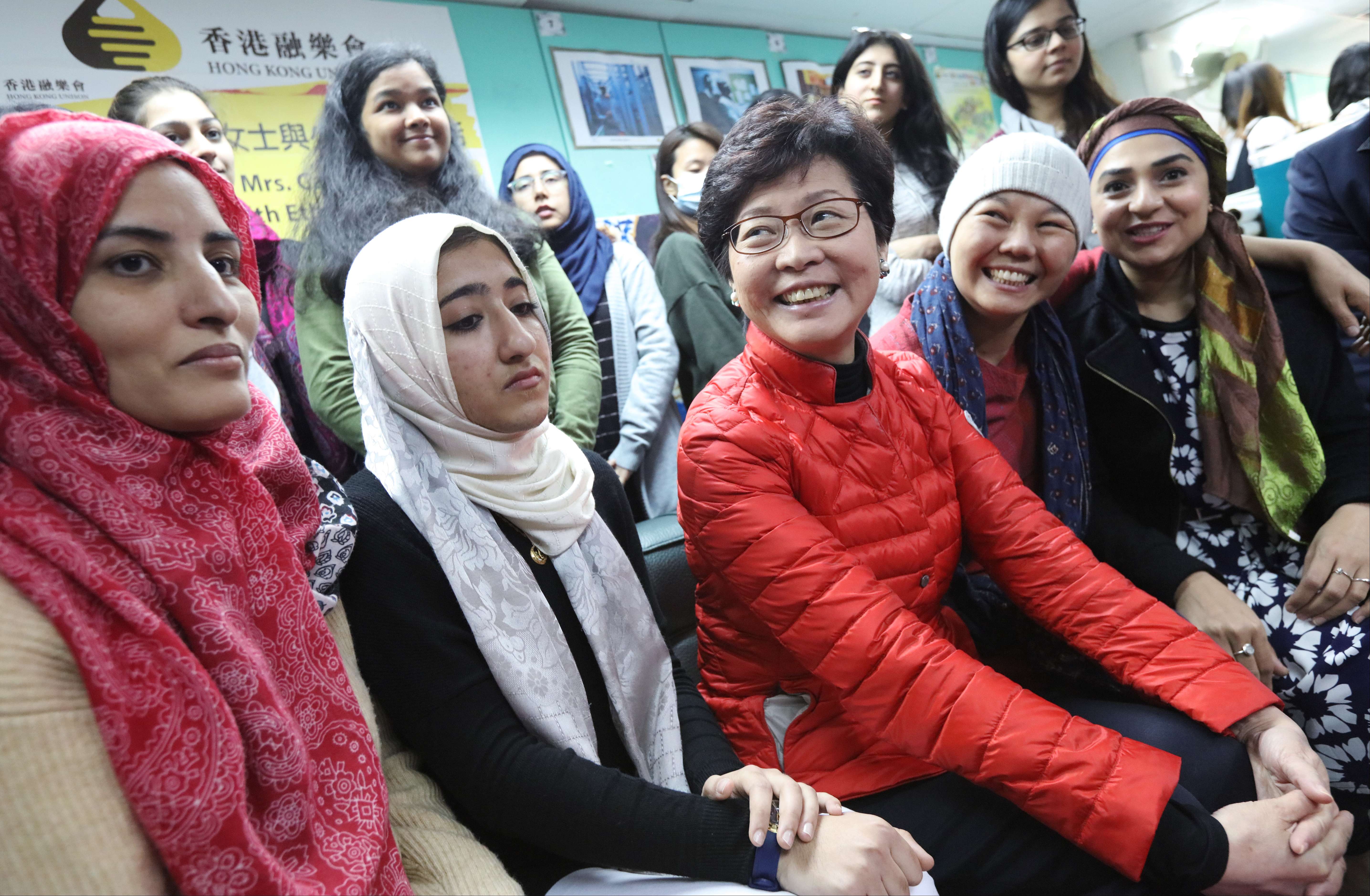 Chief executive candidate Carrie Lam Cheng Yuet-ngor meets members of the non-ethnic-Chinese community to understand their difficulties, at Hong Kong Unison in Tai Kok Tsui on February 18. Photo: Felix Wong