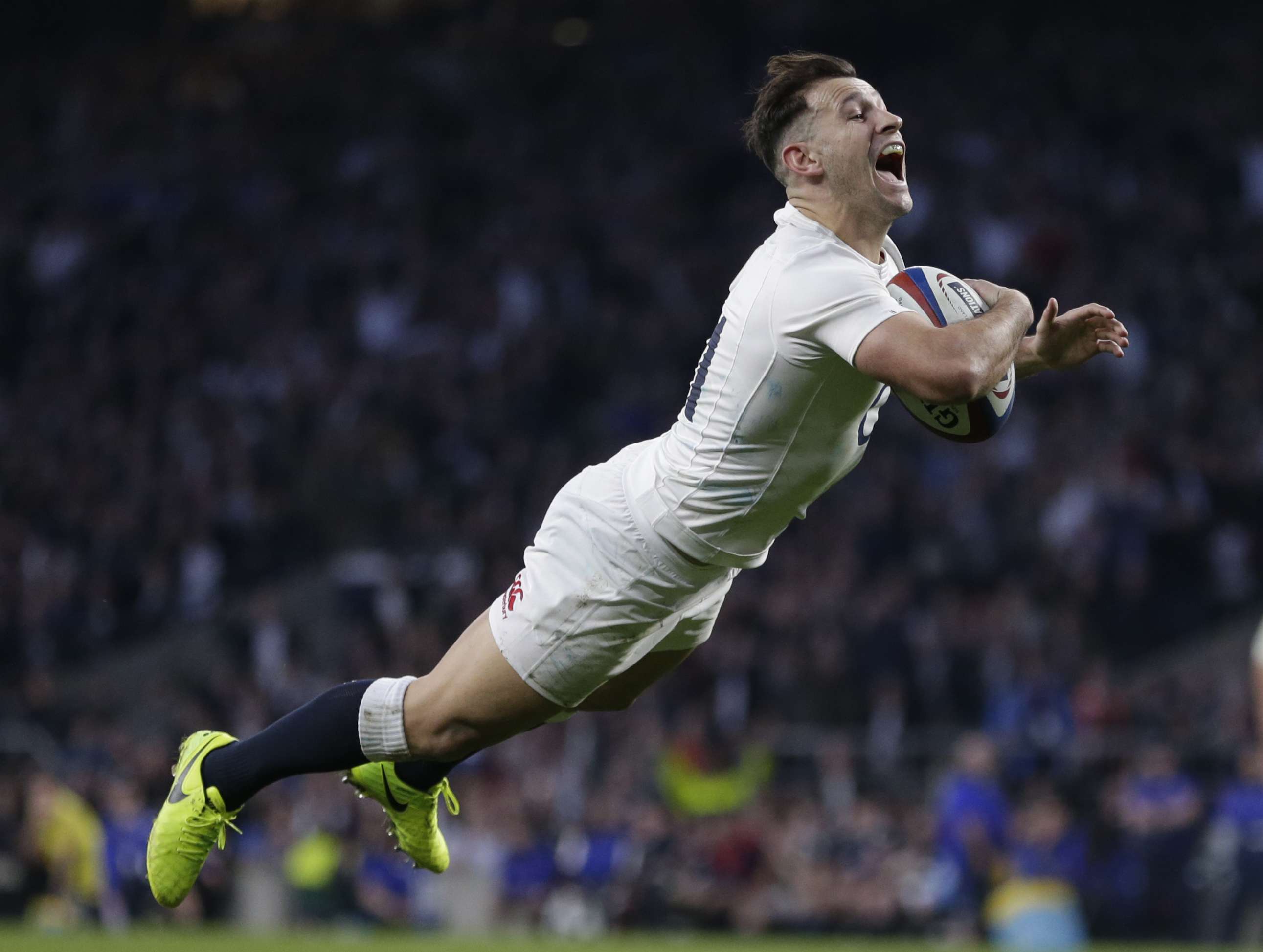 England's Danny Care dives over for a try. Photo: Reuters