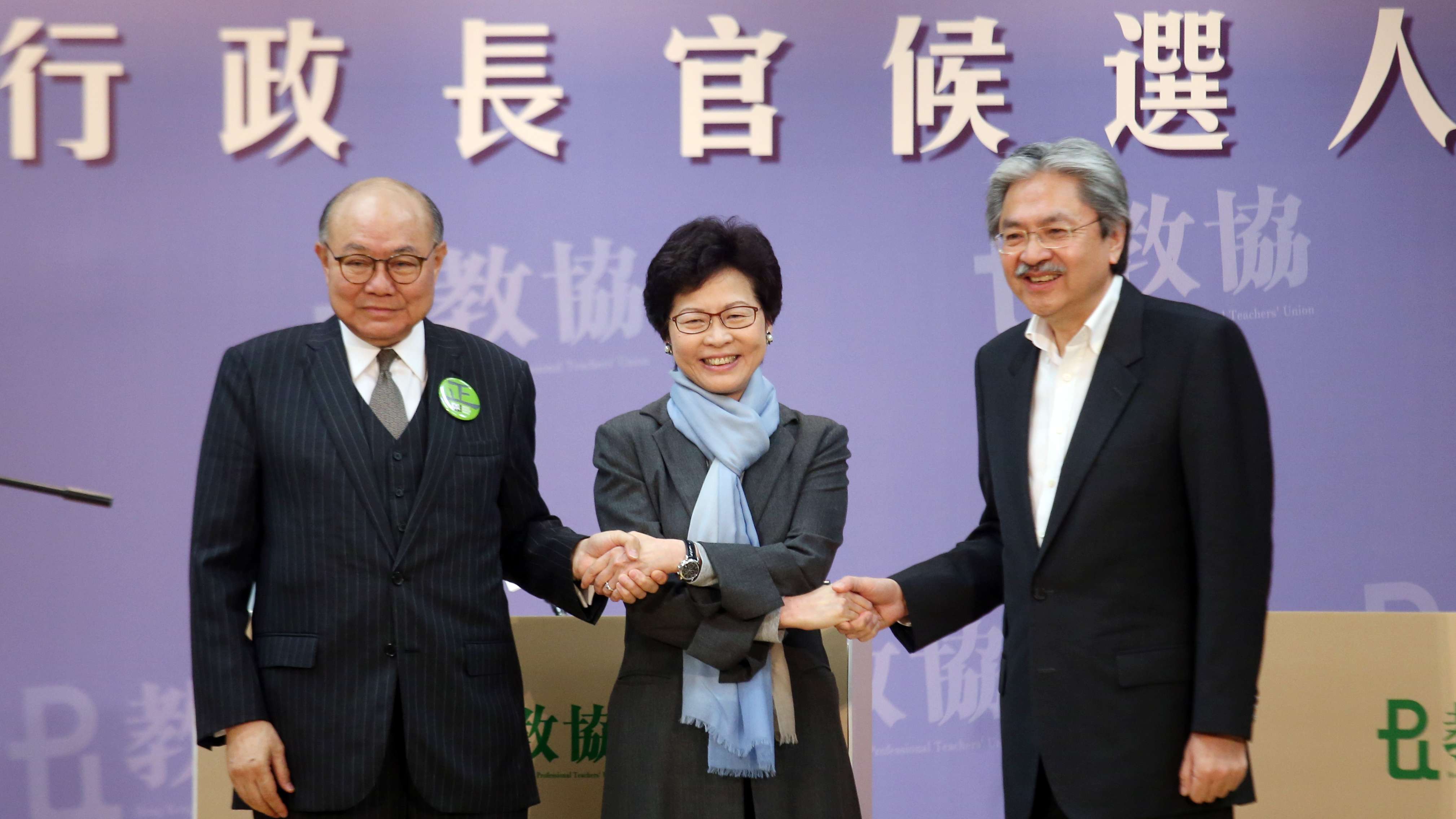 Chief executive candidates retired judge Woo Kwok-hing (left,; Carrie Lam Cheng Yuet-ngor and John Tsang Chun-wah at the 2017 CE Election forum hosted by HK Professional Teachers' Union. Photo: David Wong