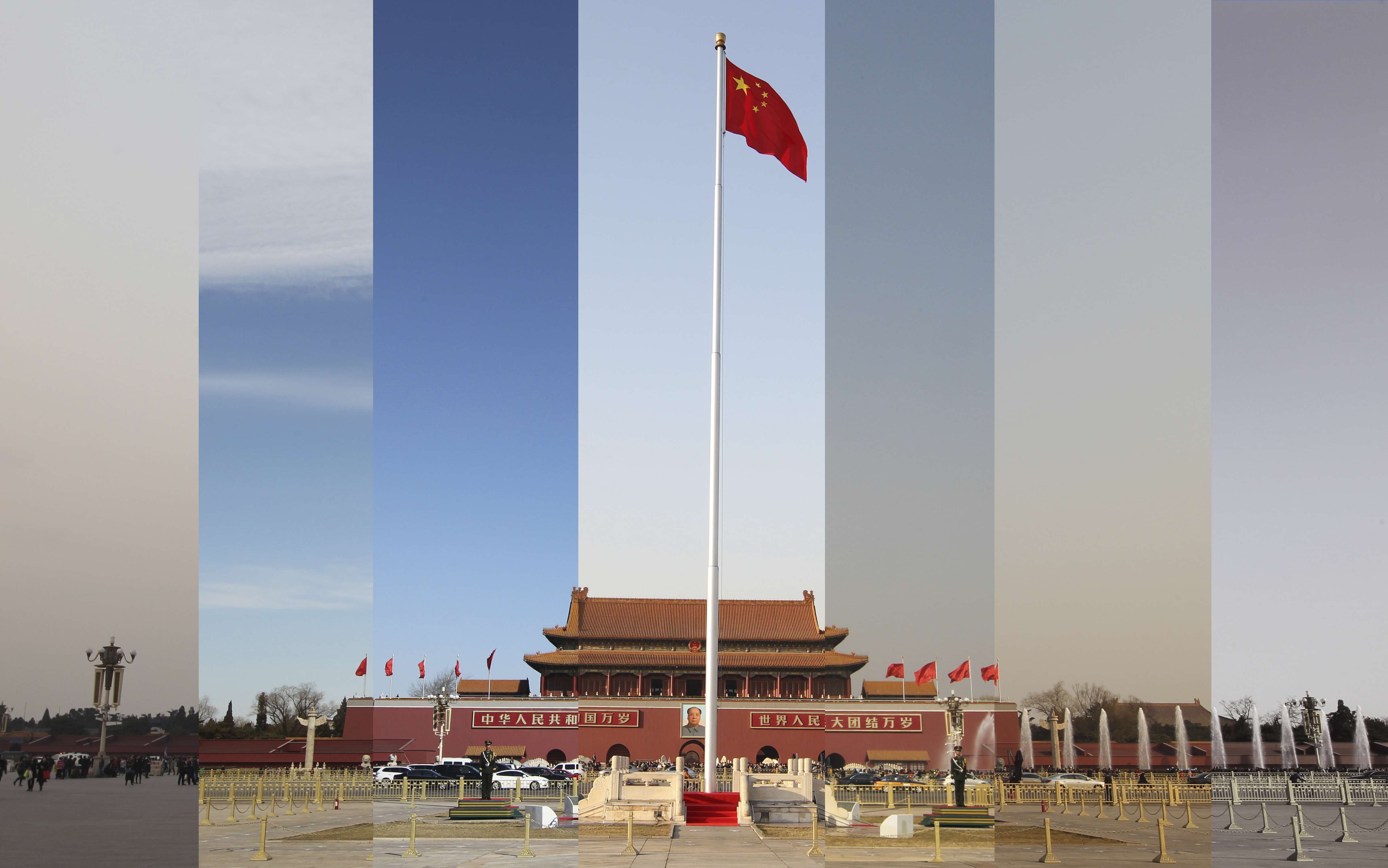 Skies over the Great Hall of the People clear then cloud over again with smog before and during the key political gatherings in Beijing. Photo: Simon Song