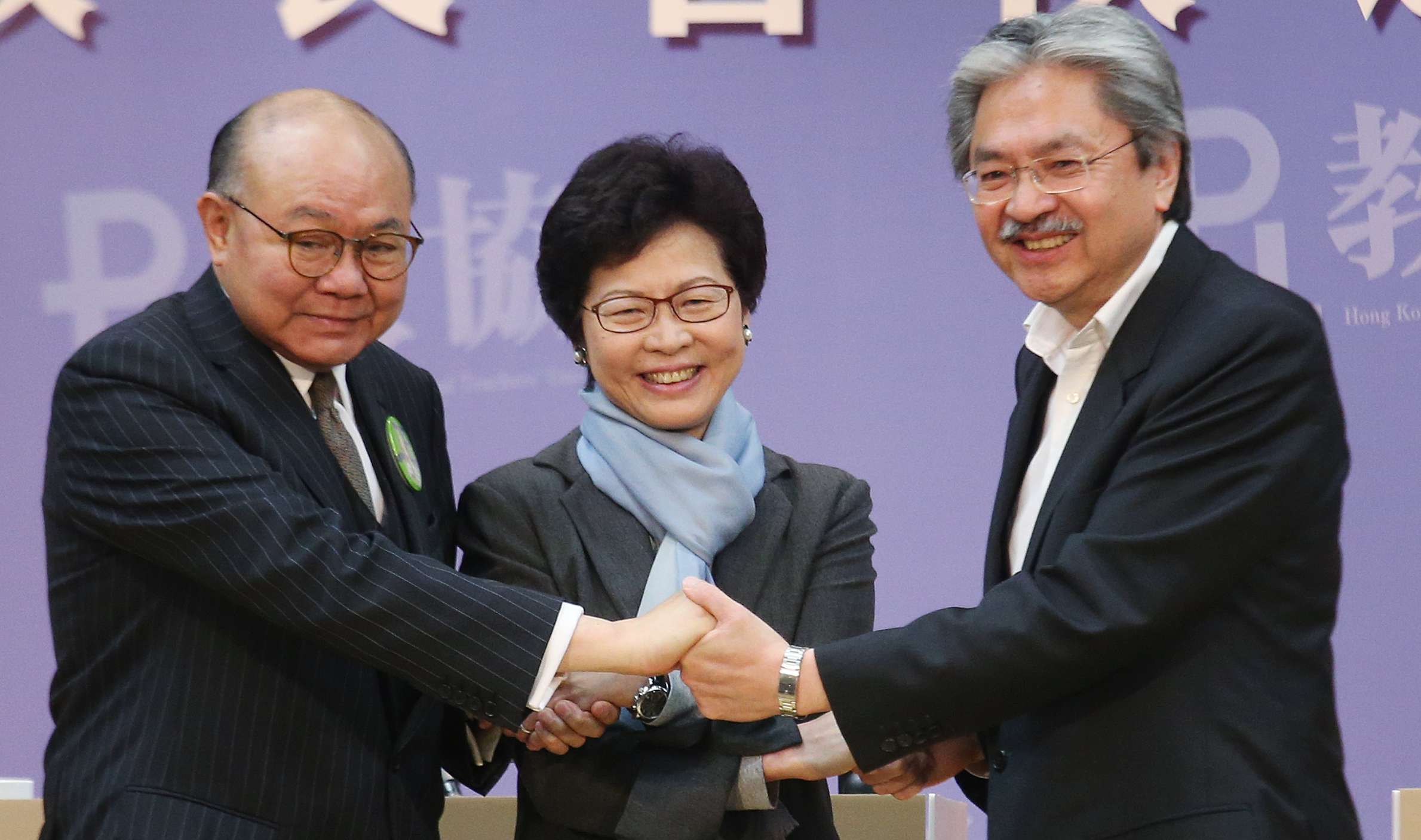 (From left) Chief Executive candidates Woo Kwok-hing, Carrie Lam Cheng Yuet-ngor and John Tsang Chun-wah will trade blows on stage for a third time. Photo: David Wong