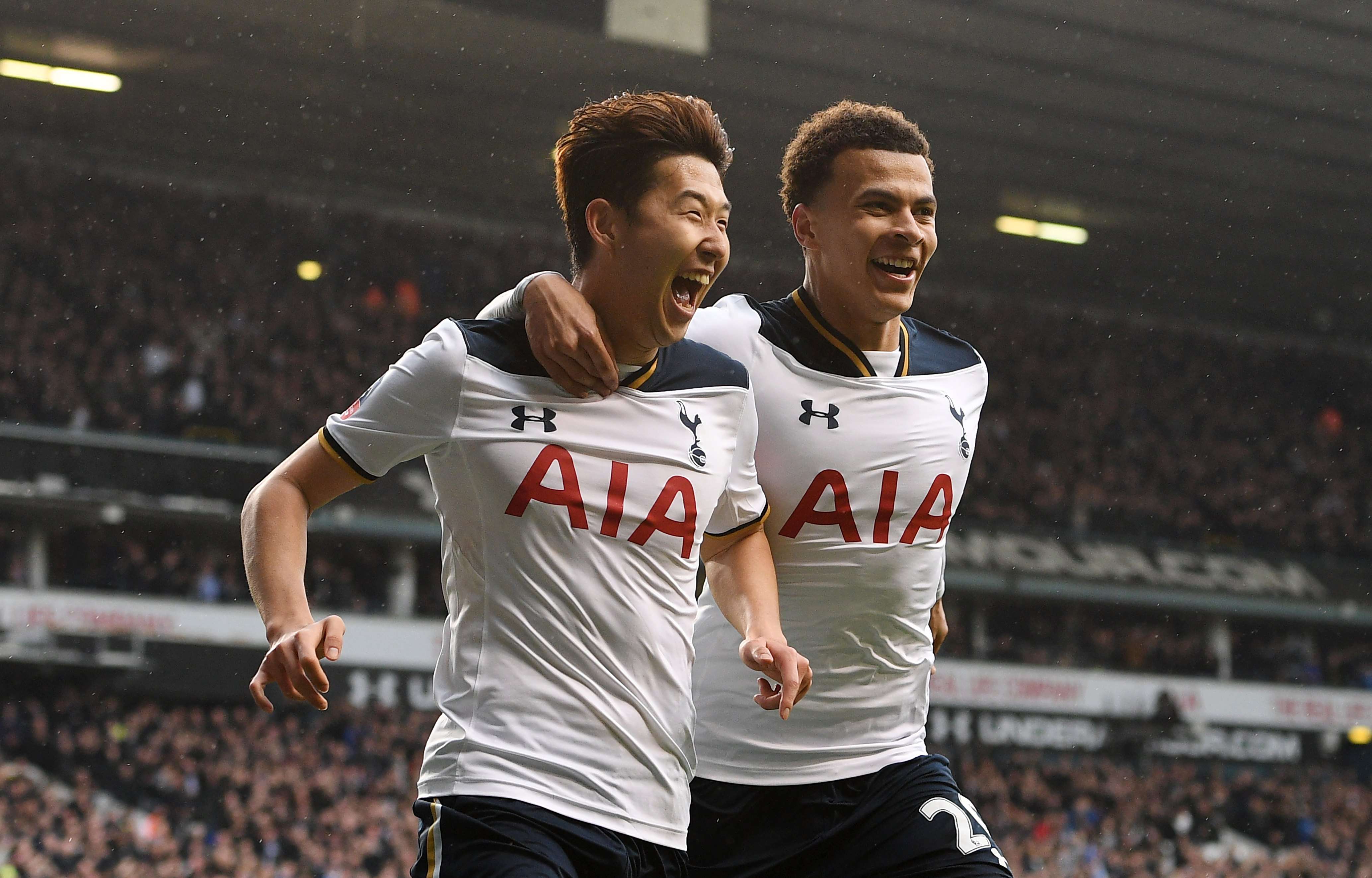 Tottenham Hotspurs’ Son Heung-min celebrates scoring against Millwall with teammate Dele Alli. Photo: EPA