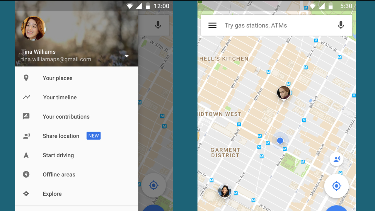 The new Google Maps menu screen, as well as an example of what the app looks like when two people are sharing their location. Photo: Google