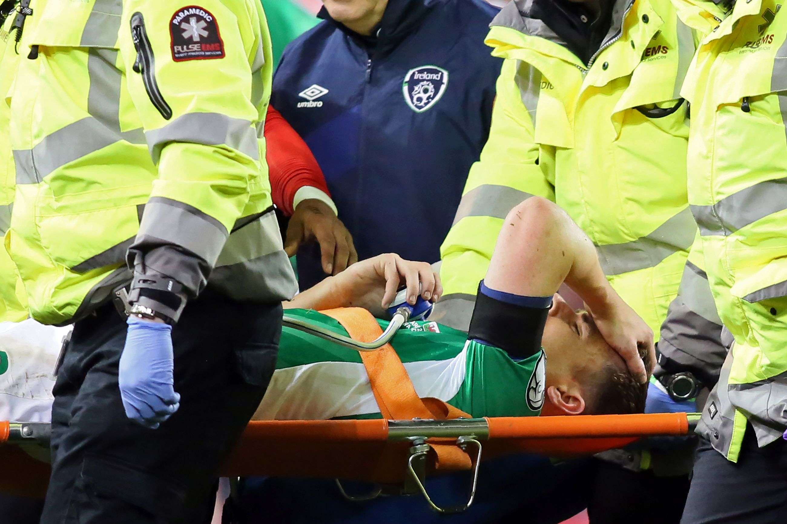 Republic of Ireland's defender Seamus Coleman is taken from the pitch on a stretcher. Photo: AFP
