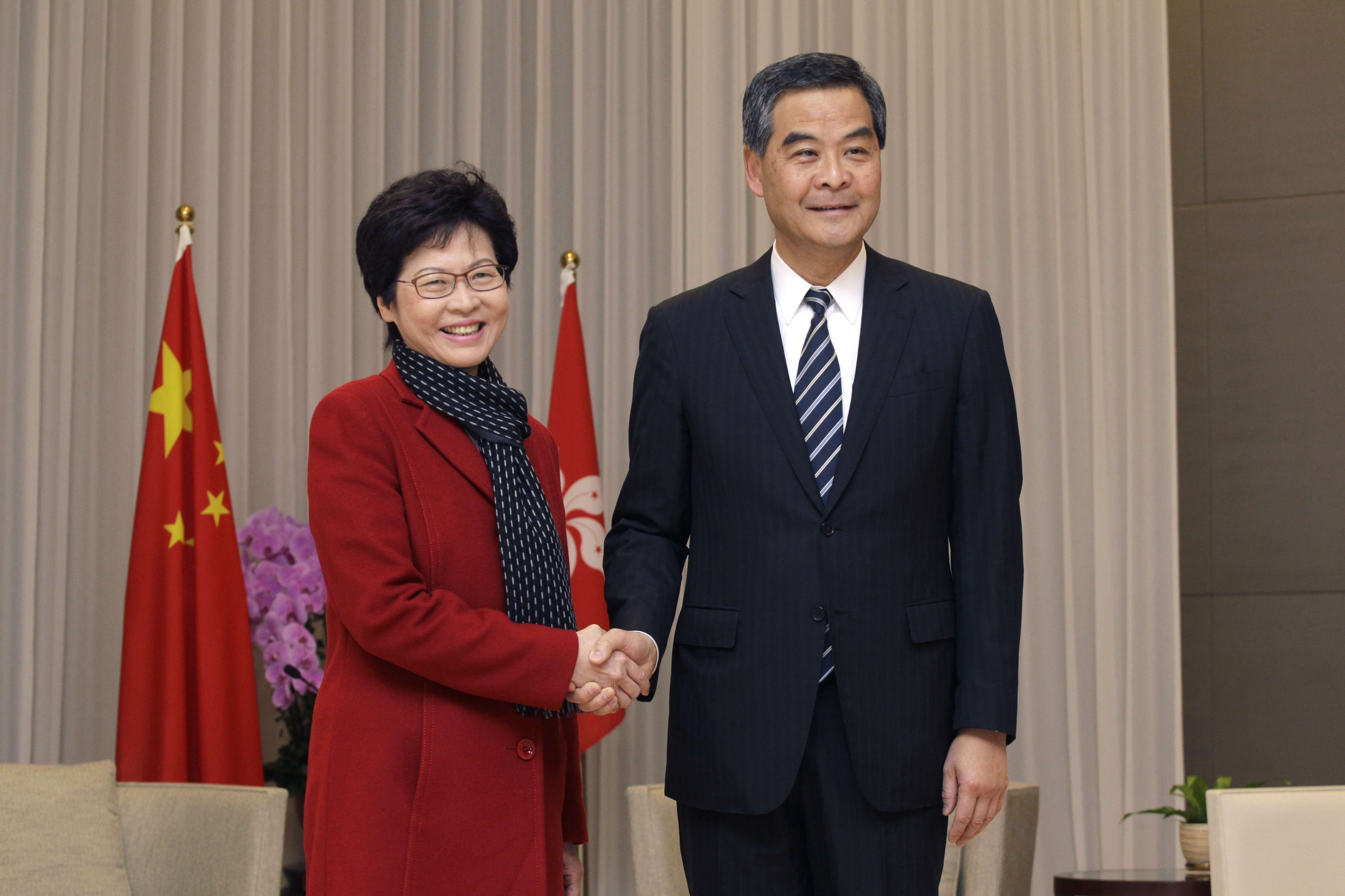 Chief executive-elect Carrie Lam meets incumbent Leung Chun-ying at the Chief Executive’s Office in Tamar on March 27. Photo: Handout