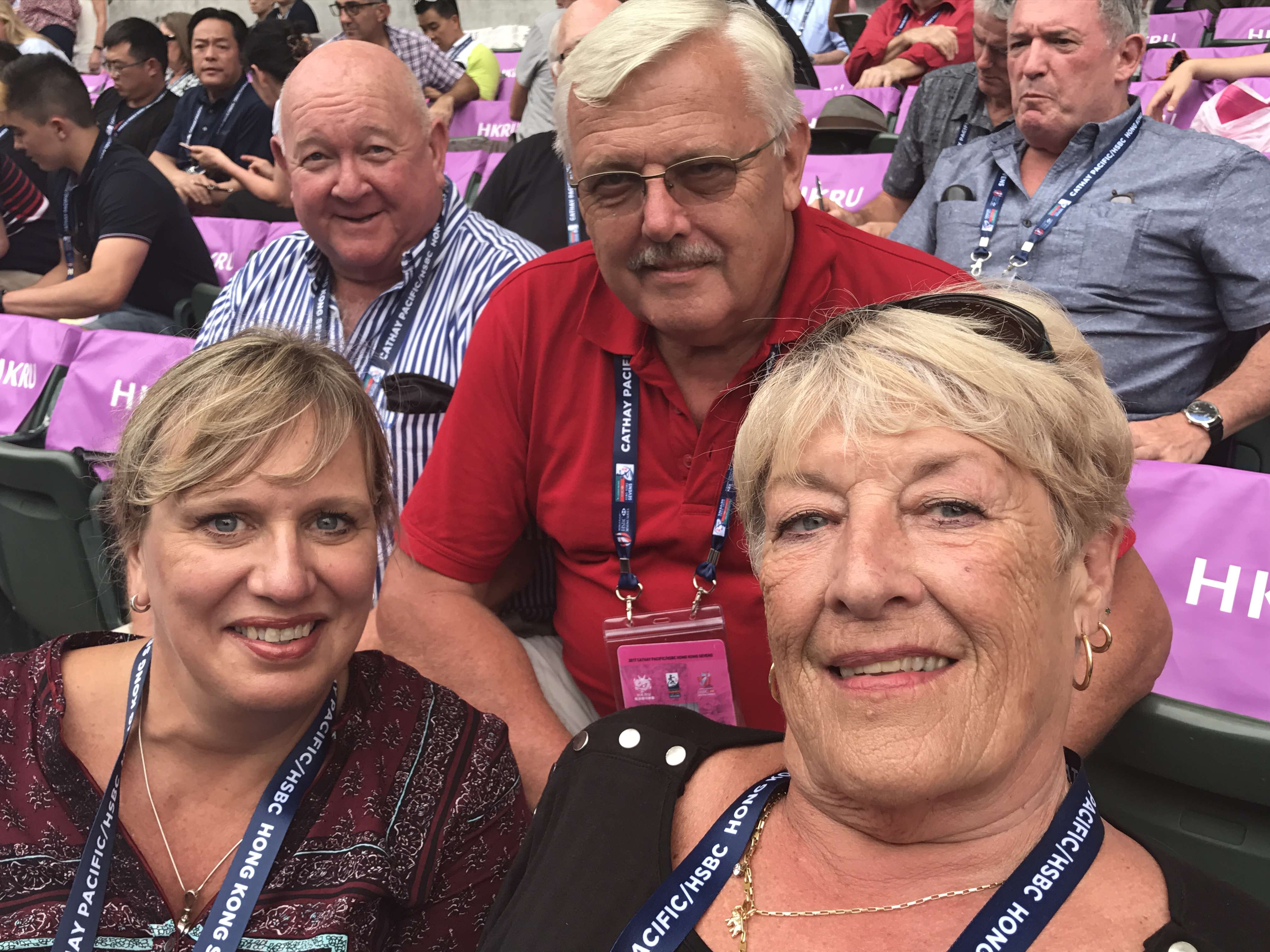 Brian Whittingham (top left), Peter Burbidge-King, Sue Van Wyk and Christine Burbidge-King at the 2017 Cathay Pacific/Hong Kong sevens . This year with the right tickets in the right week. Photos: Handout