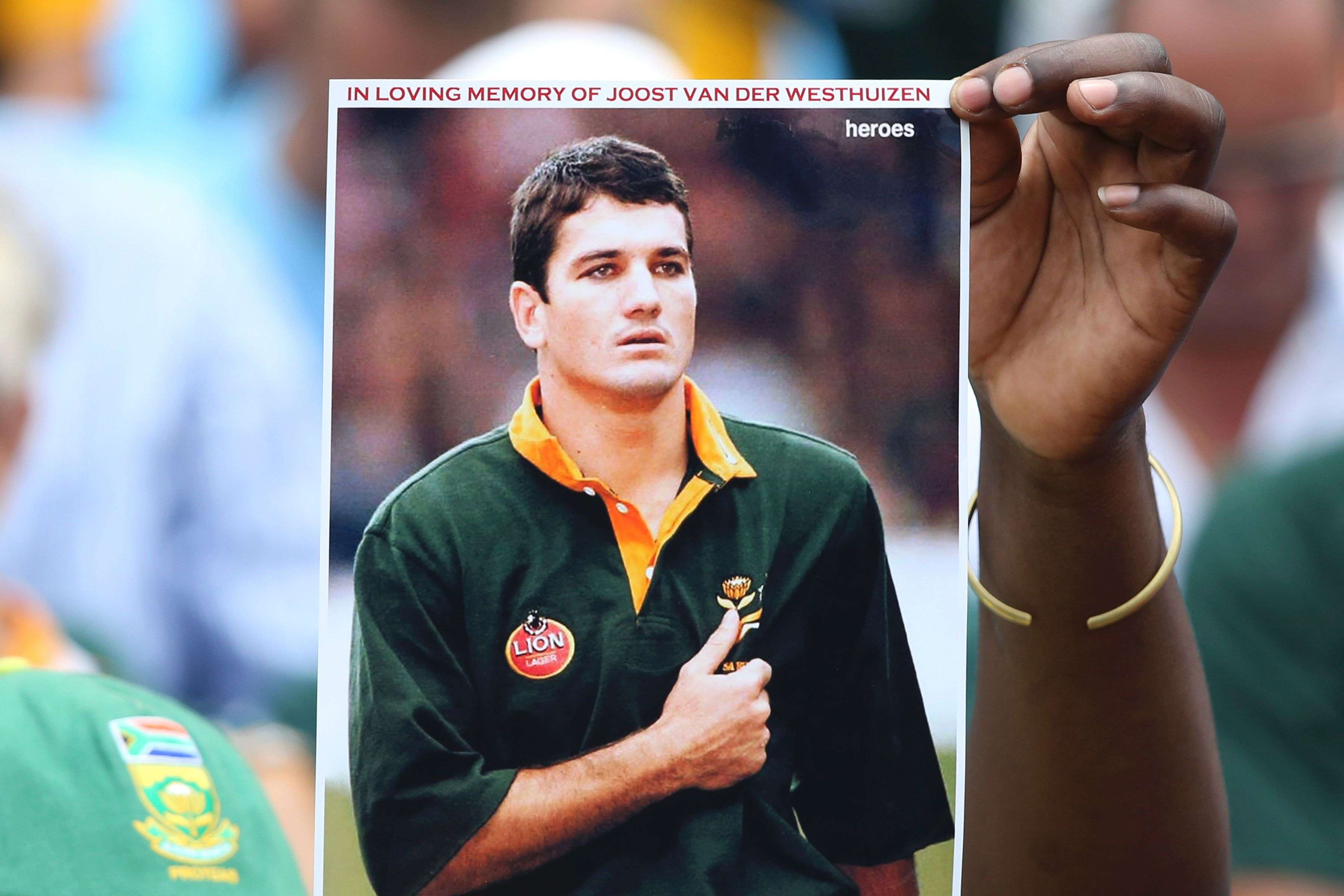A portrait of Joost van der Westhuizen during a memorial service at Loftus rugby stadium in February. Photo: AFP