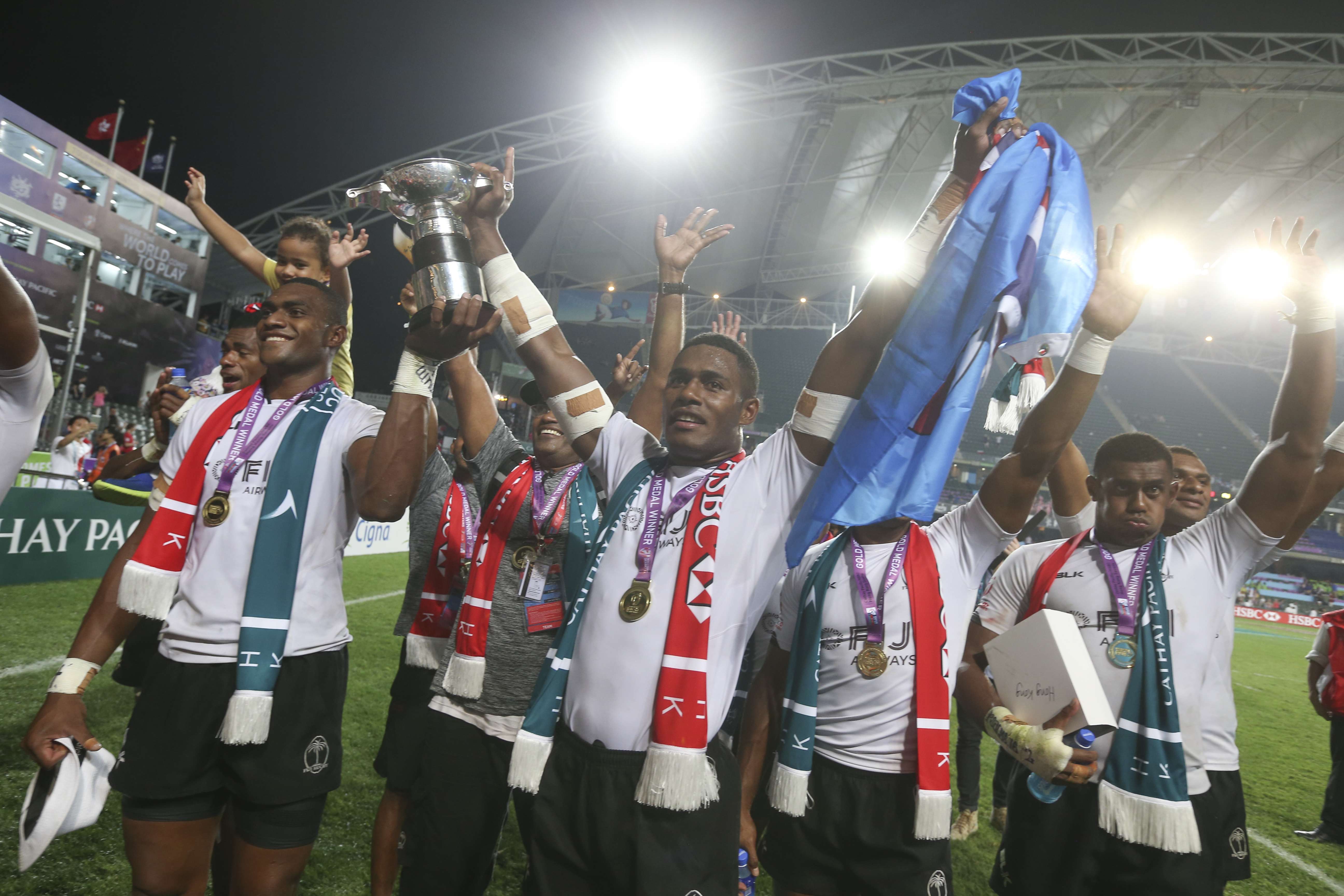 Fiji celebrate their victory against South Africa at the 2017 Hong Kong Sevens. Photo: K. Y. Cheng