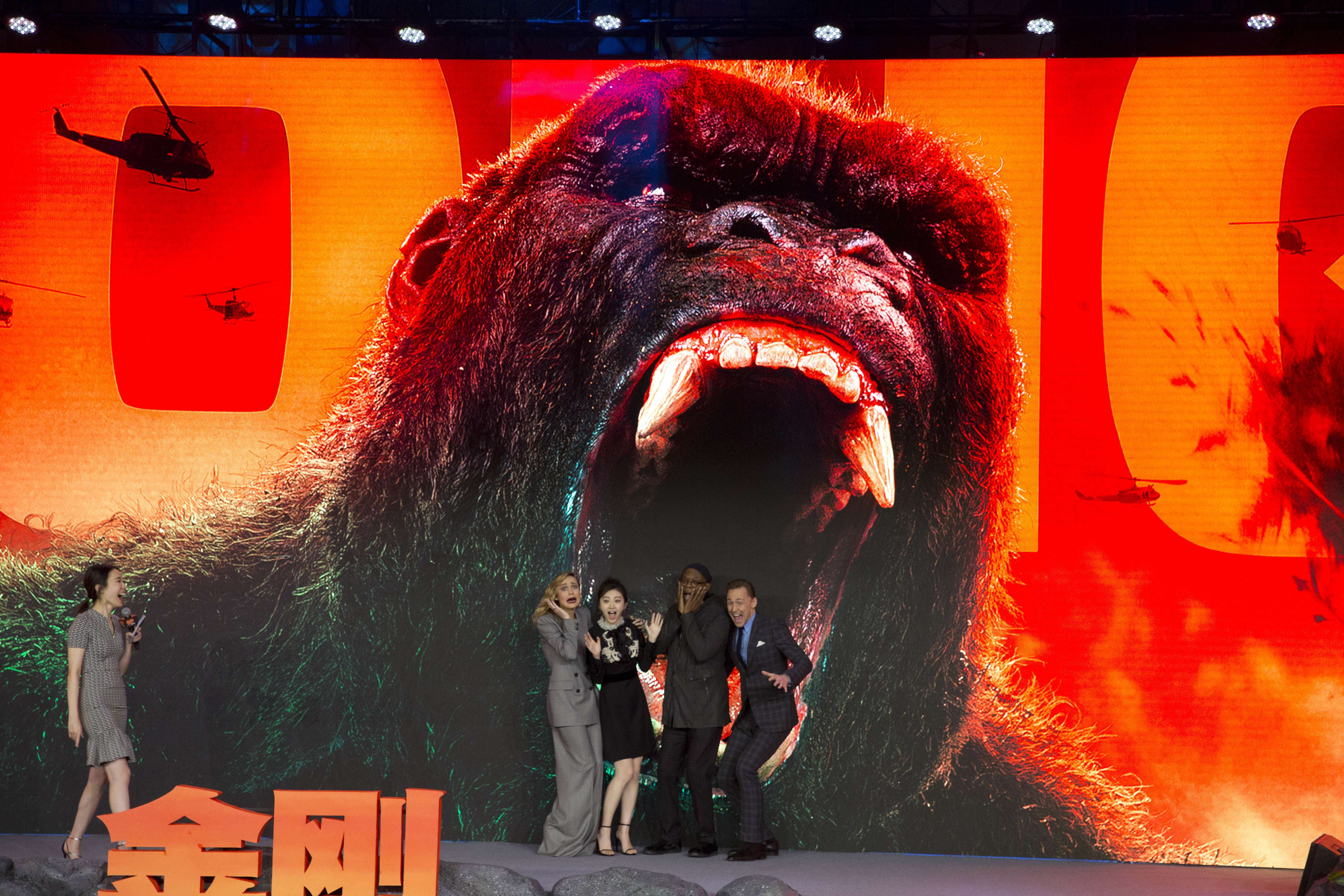 The cast of the Hollywood movie Kong: Skull Island publicising the film at a press event in Beijing last month. Photo: AP