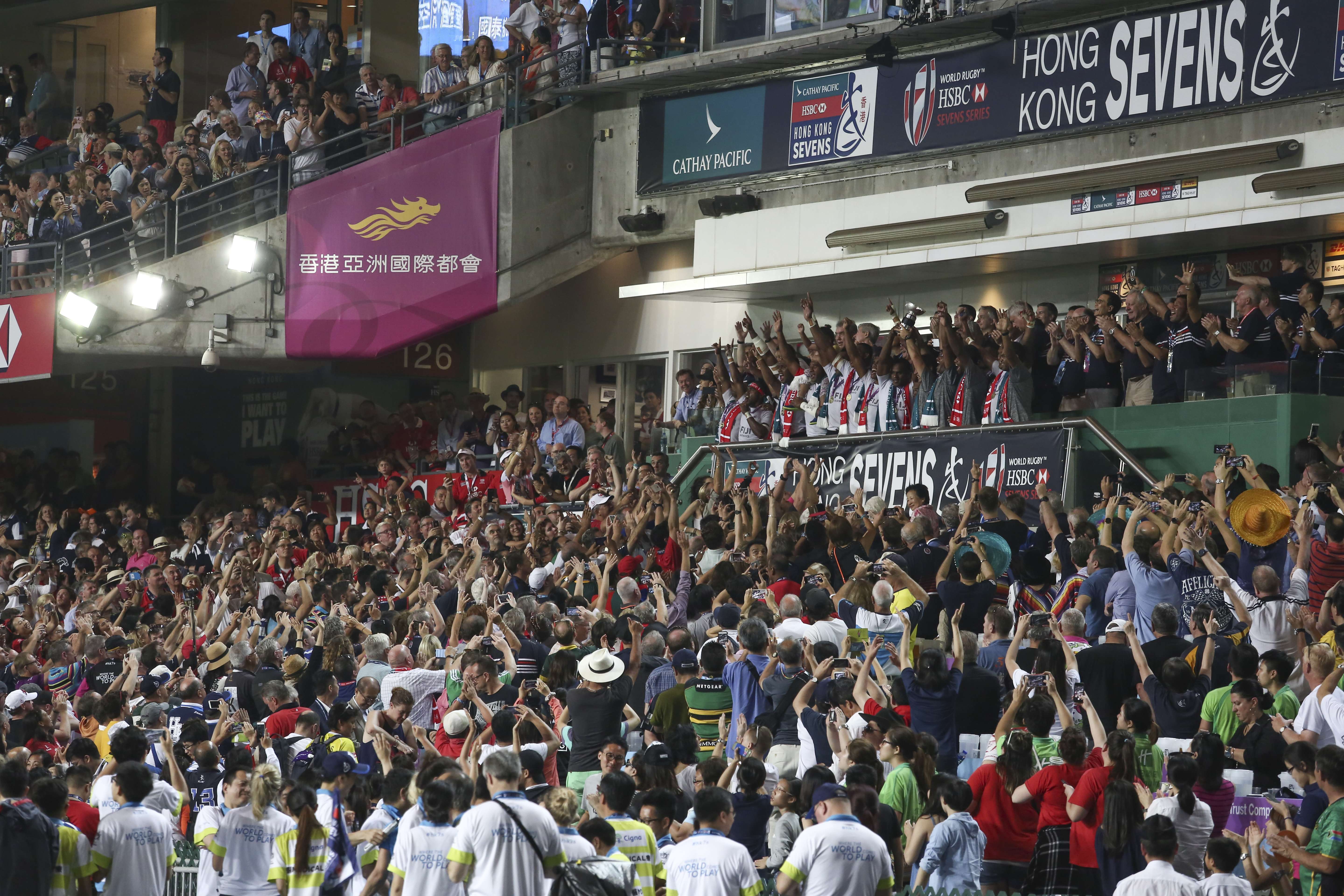 Fiji celebrates the victory against South Africa at the 2017 Hong Kong Sevens. Photo: Jonathan Wong