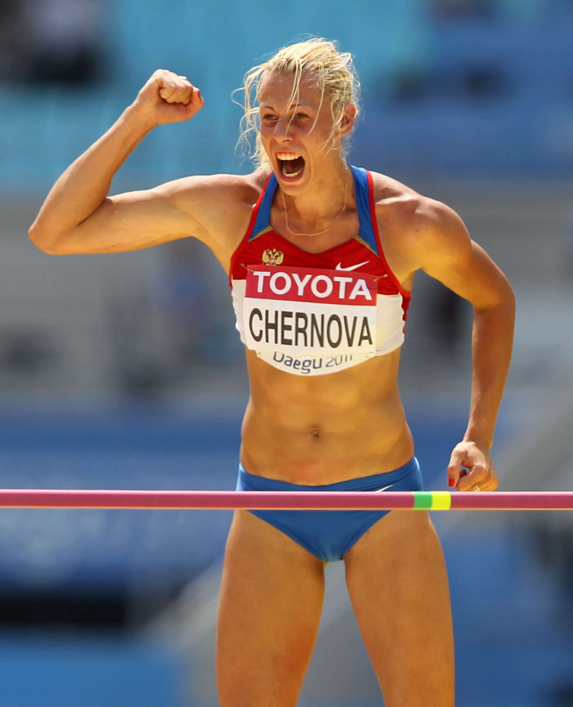 Drug cheat Tatyana Chernova of Russia celebrates during her victory in the heptathlon at the 2011 World Championships in Daegu, South Korea. She was later stripped of that title and her bronze medals from the 2008 Beijing Olympics and 2012 London Olympics. Photo: EPA