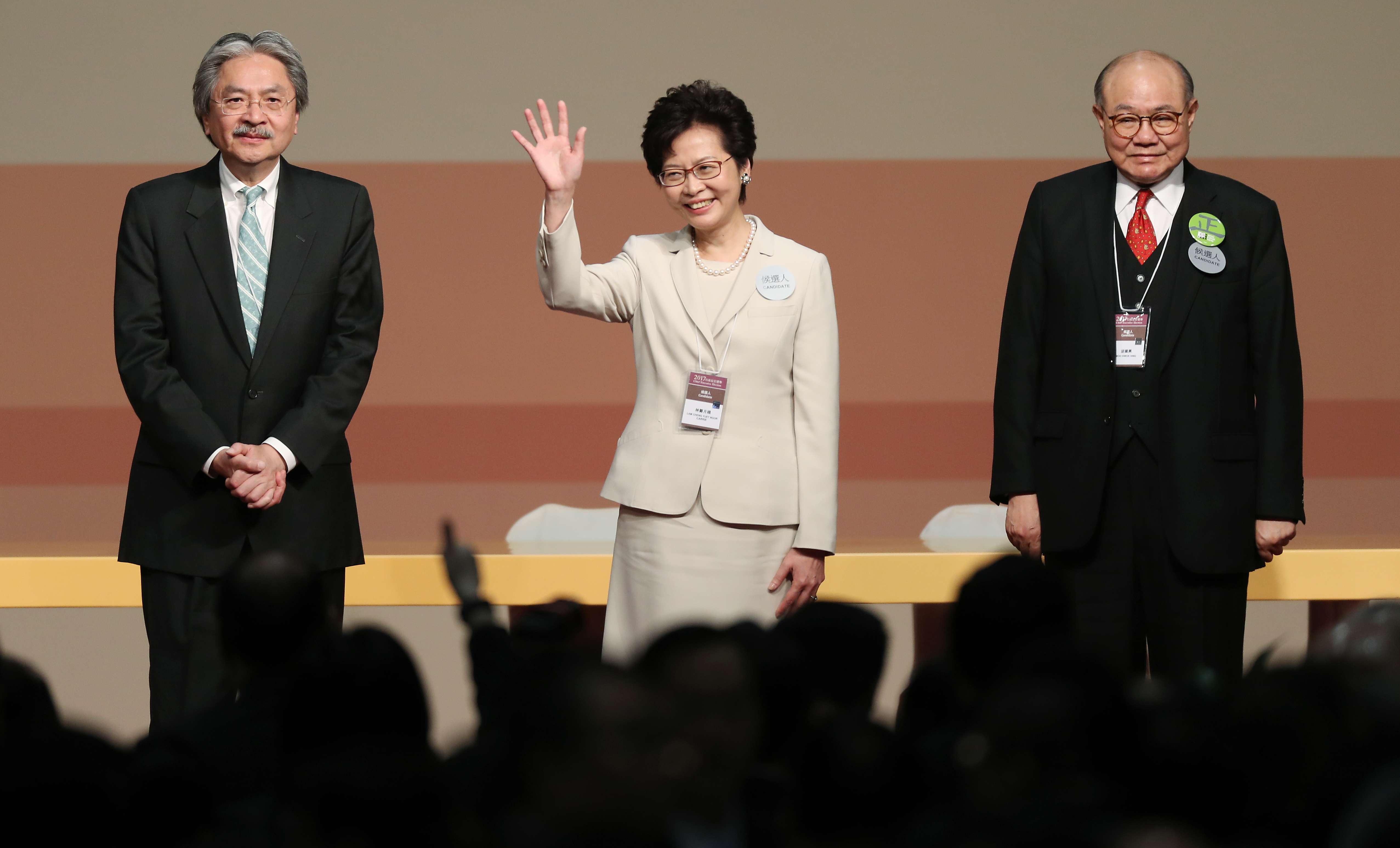 The three official chief executive candidates – from left, John Taang, Carrie Lam and Woo Kwok-hing. Photo: Robert Ng