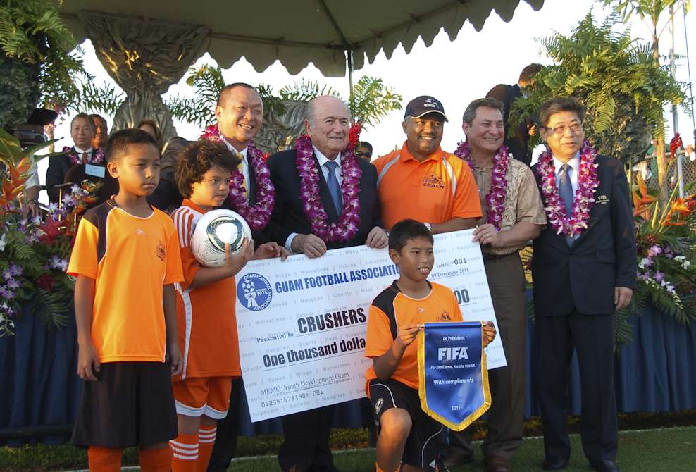 Richard Lai with disgraced former Fifa president Sepp Blatter. Photo: Guam Chinese Chamber of Commerce