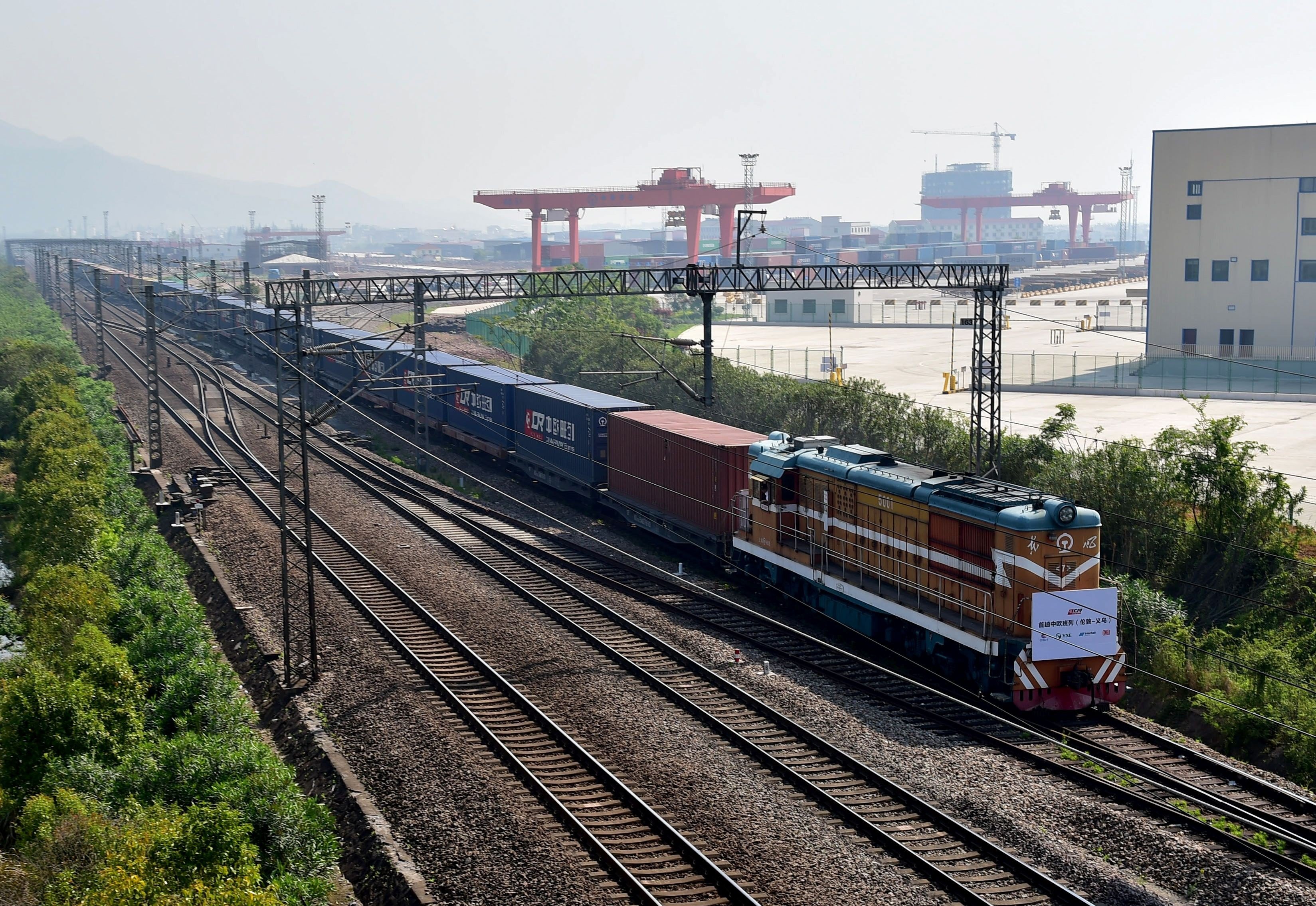 A freight train laden with goods from London arrives at Yiwu railway port station in China. Photo: AFP