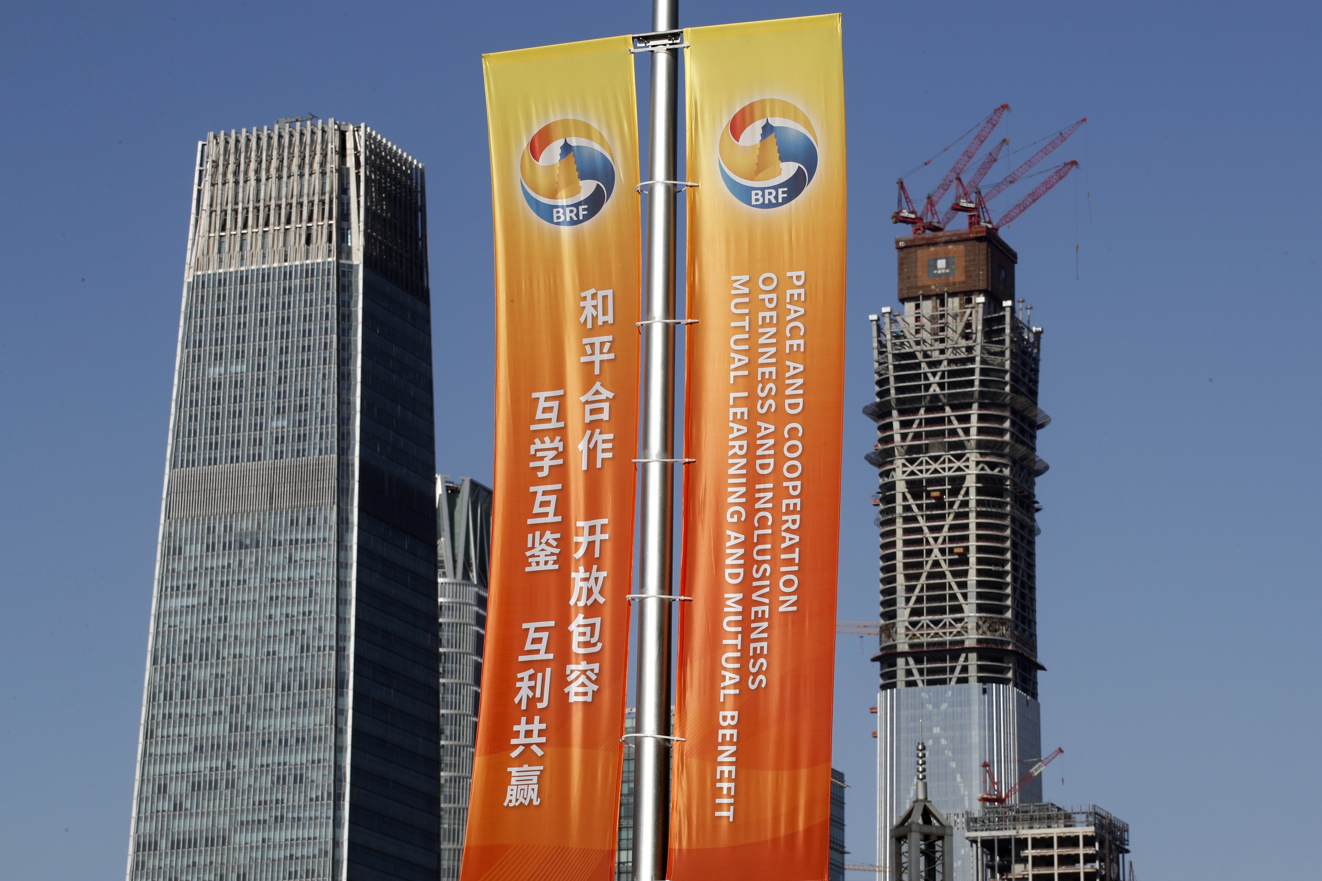Banners announcing the belt and road forum in Beijing. Photo: AP