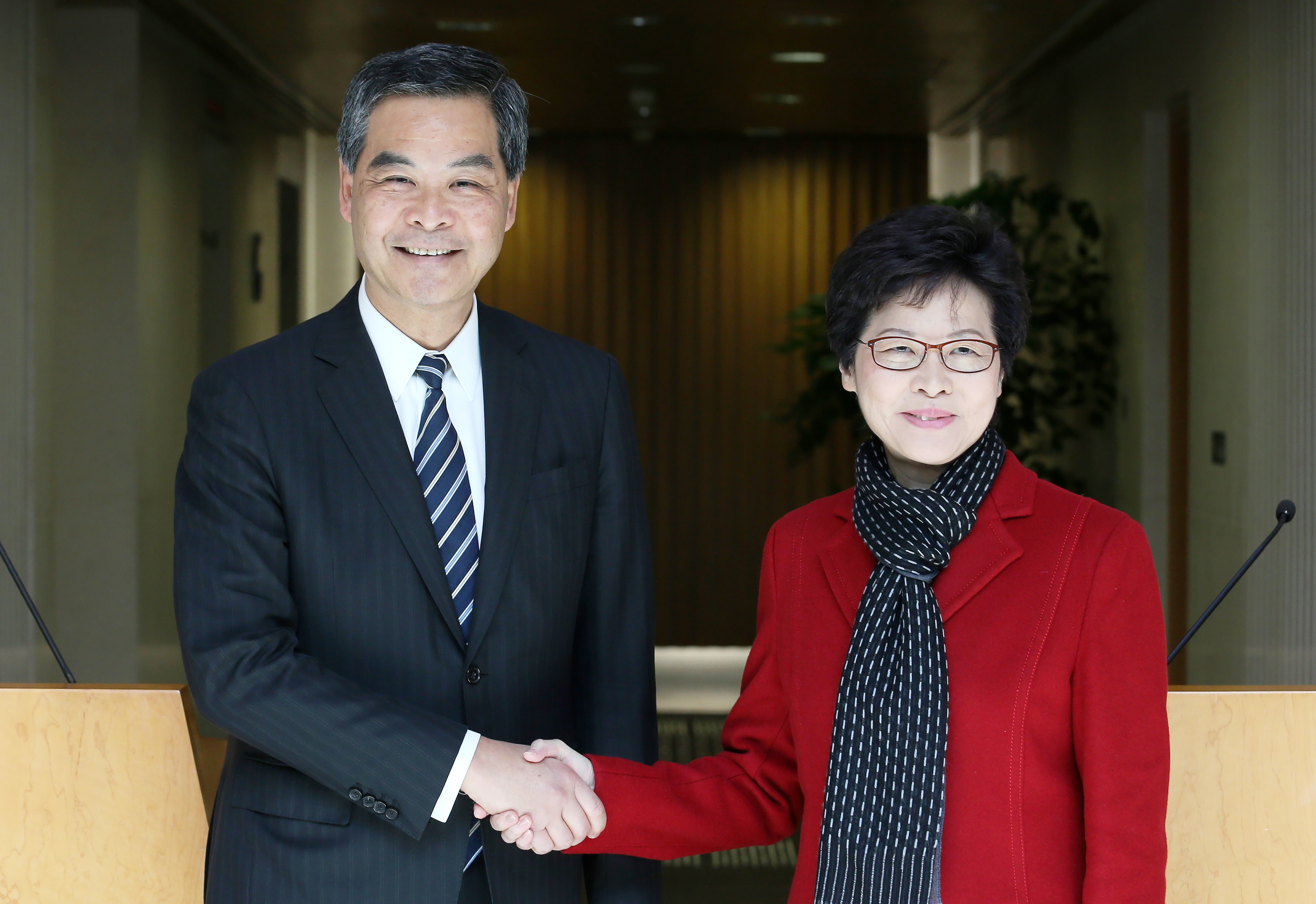 Chief Executive Leung Chun-ying and chief executive-elect Carrie Lam meet the press at the Chief Executive’s Office in Tamar in March. Photo: Felix Wong