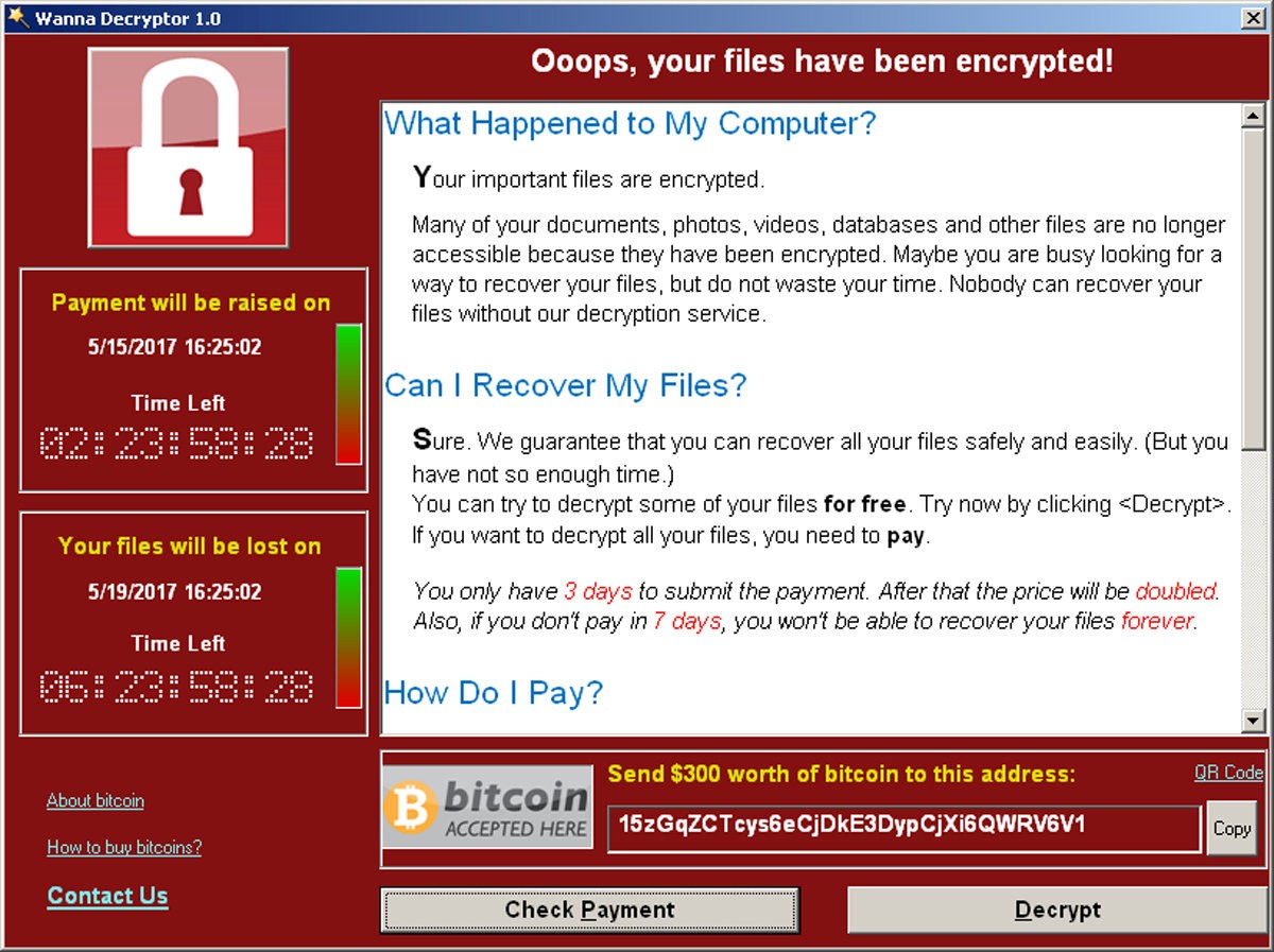 A screenshot shows a WannaCry ransomware demand, provided by cyber security firm Symantec, in Mountain View, California. The pace of attacks seem to be slowing down. Photo: Symantec handout via Reuters