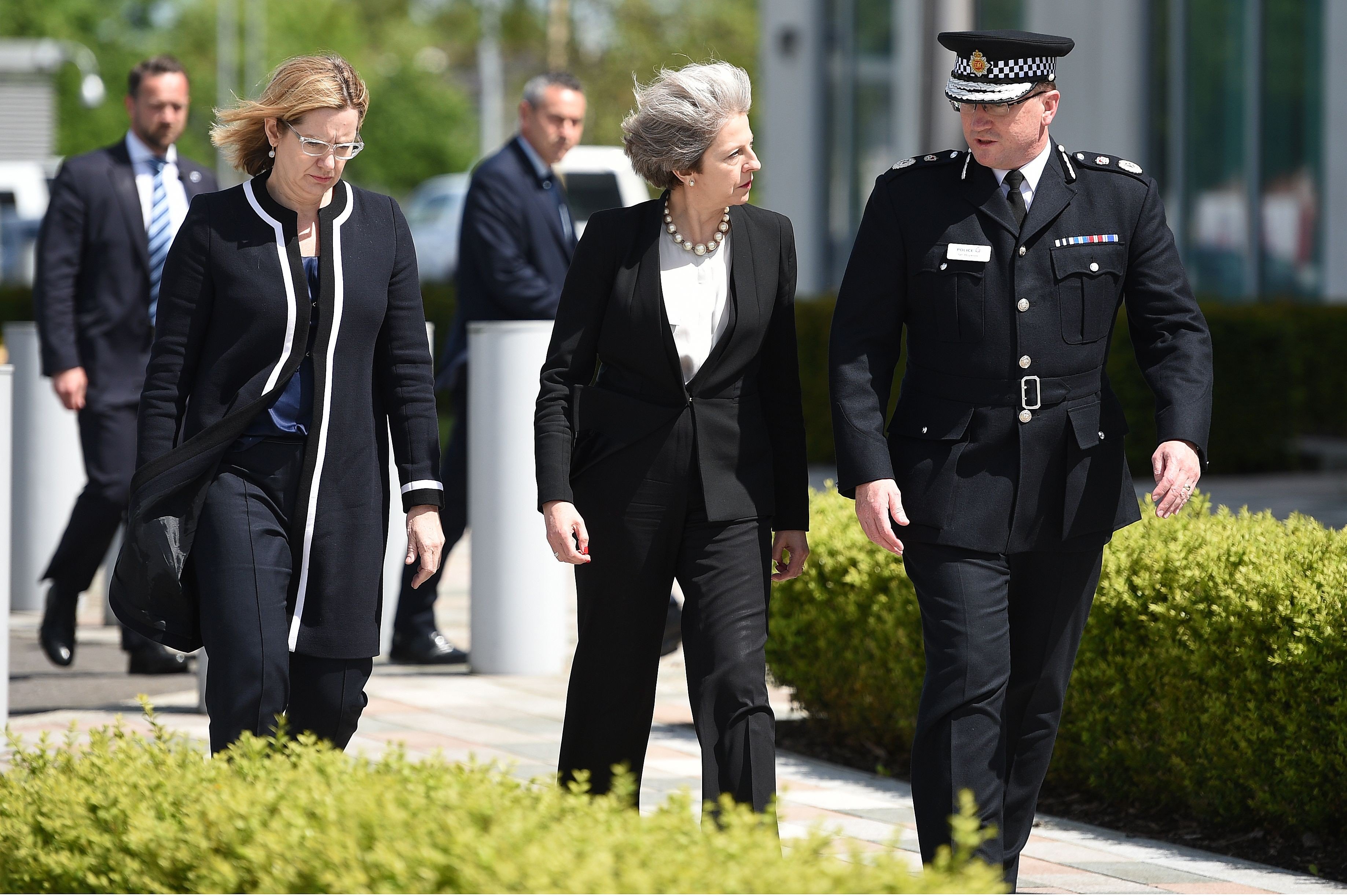 Britain's Prime Minister Theresa May (centre) walks with Chief Constable of Greater Manchester Police, Ian Hopkins (right) and Britain's Home Secretary Amber Rudd , as May arrives at the force's headquarters in Manchester last Tuesday, a day after the deadly terror attack at the Manchester Arena. Photo: AFP